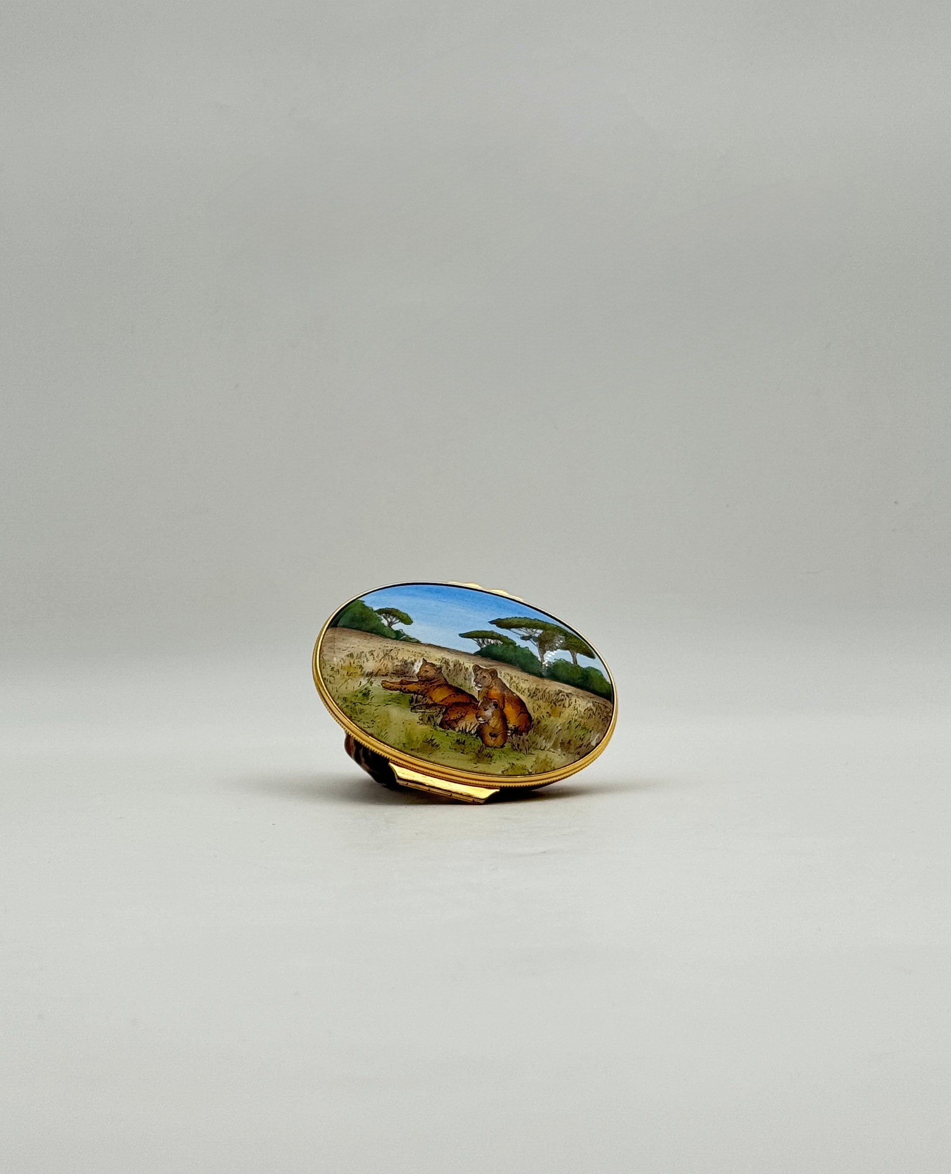 Halcyon Days Enamel Box with Resting Lion Figurine Collectible