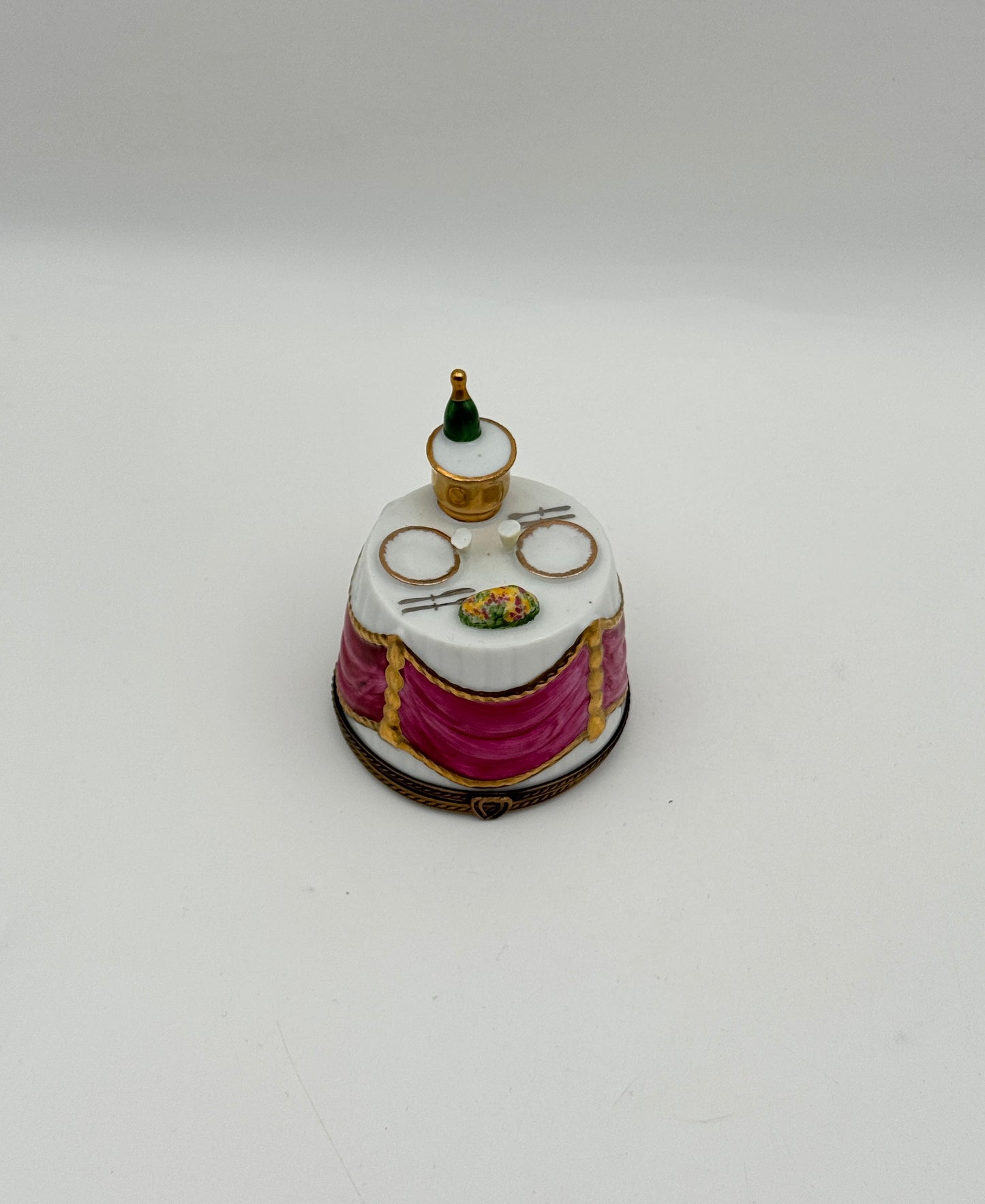 Limoges Box France Table with Champagne, Pink Tablecloth by Chamont