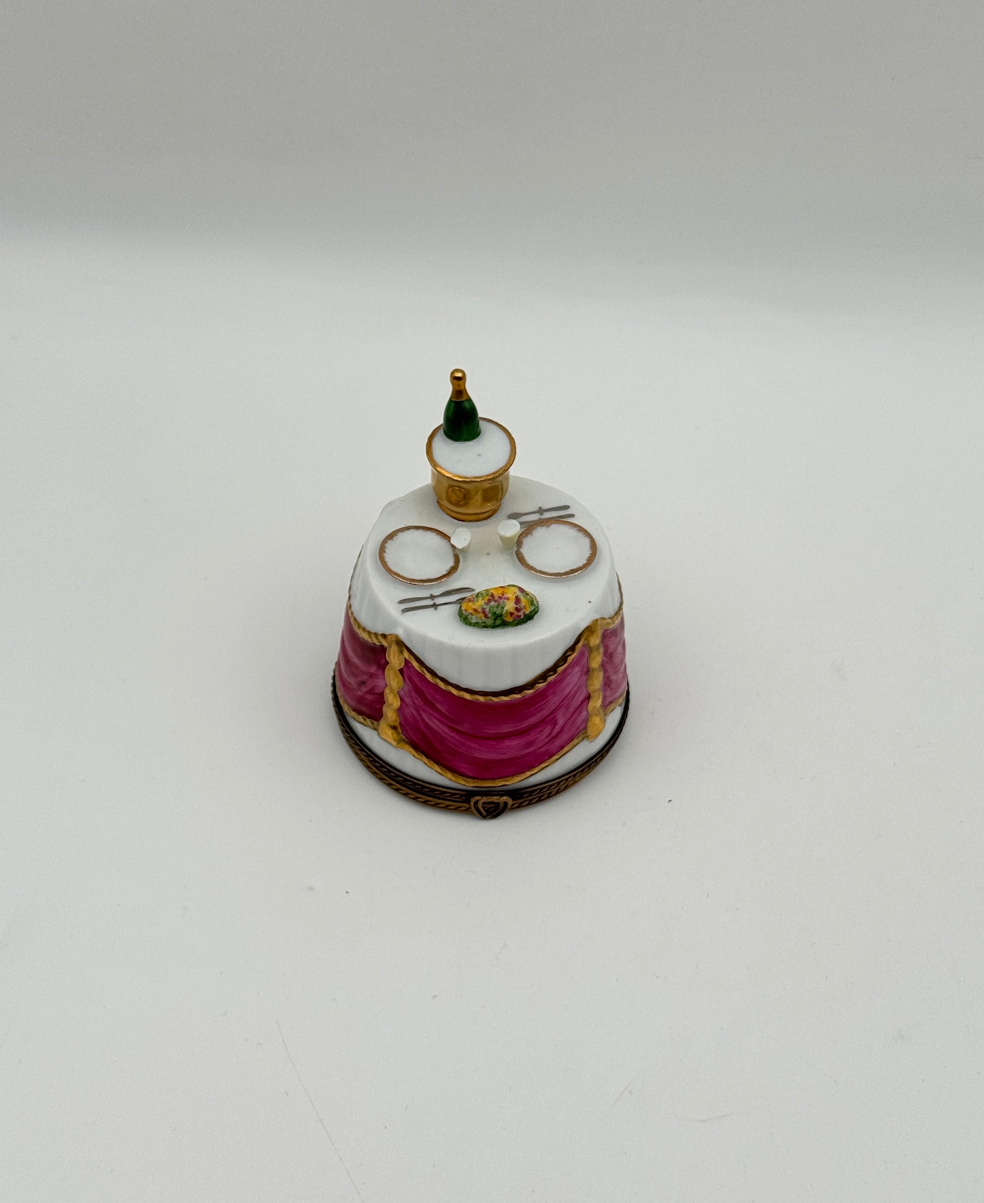 Limoges Box France Table with Champagne, Pink Tablecloth by Chamont