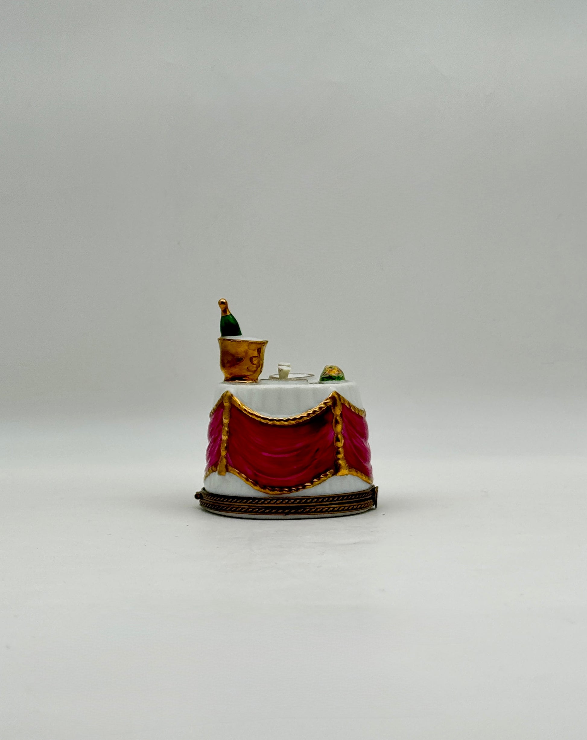 Limoges Box France Table with Champagne, Pink Tablecloth by Chamont