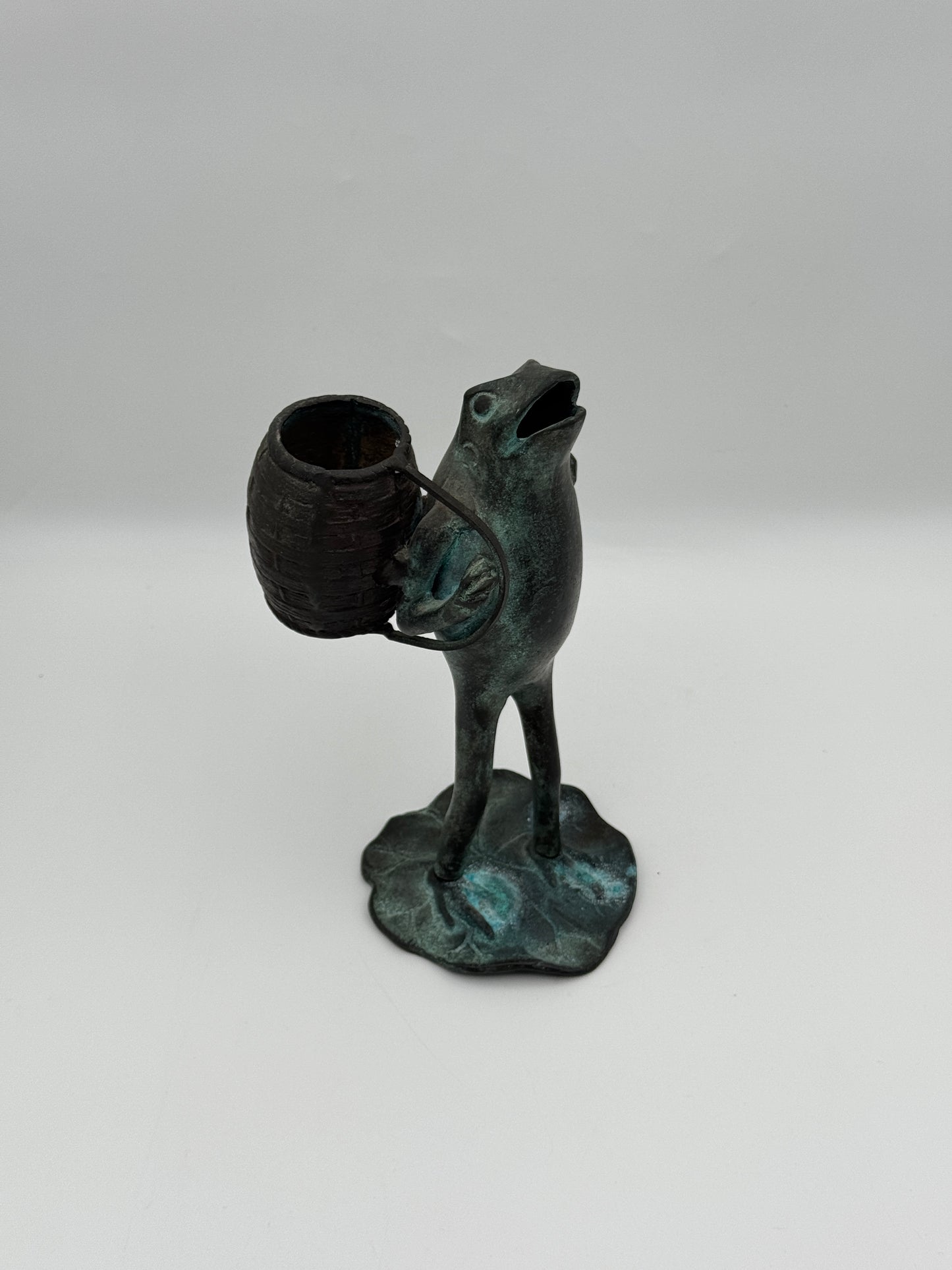 Korean Bronze Frog Spill Holder with Basket 20th Century Art