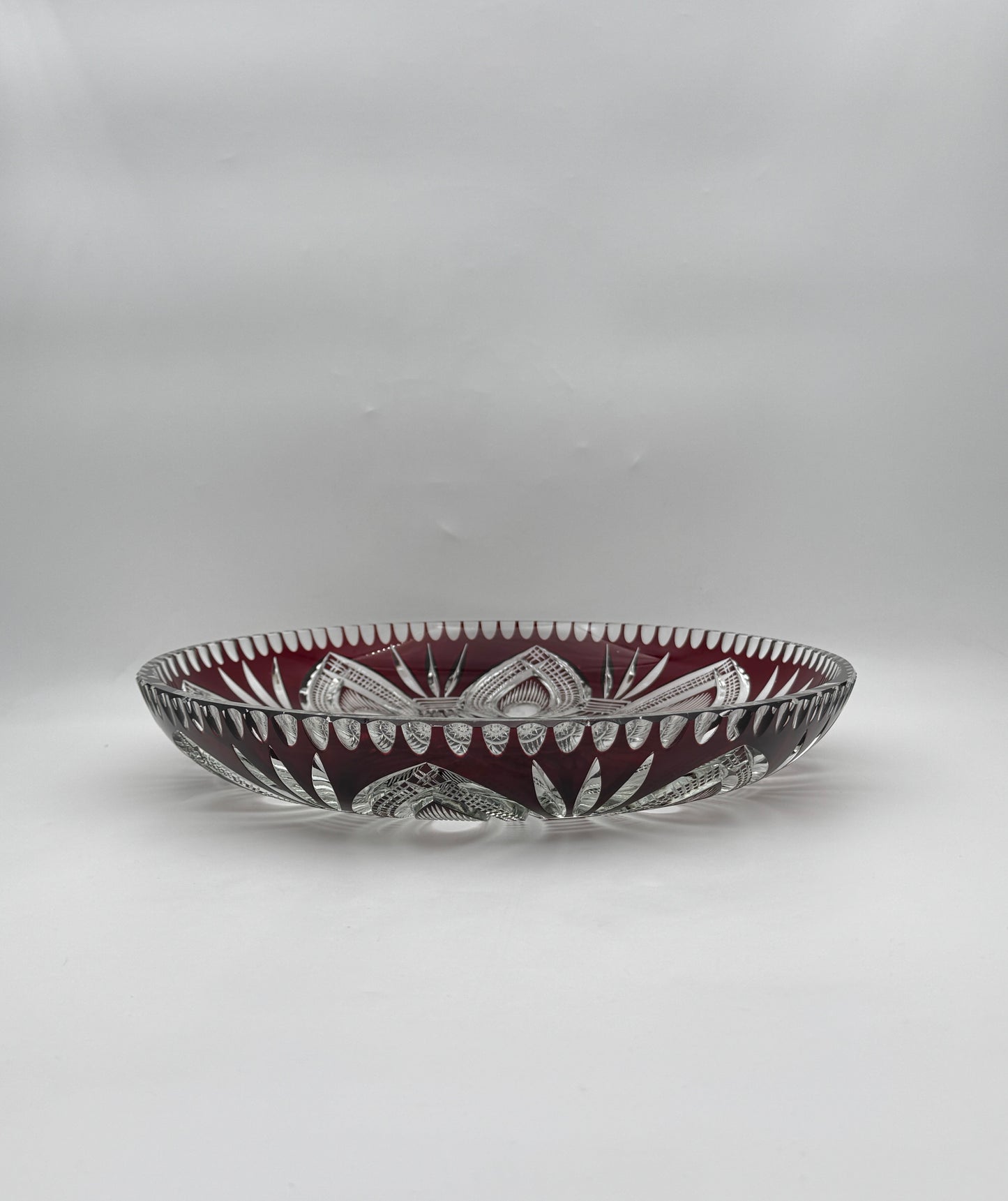 Ruby Red to Clear Cut Glass Shallow Bowl with Starburst Scalloped Edge