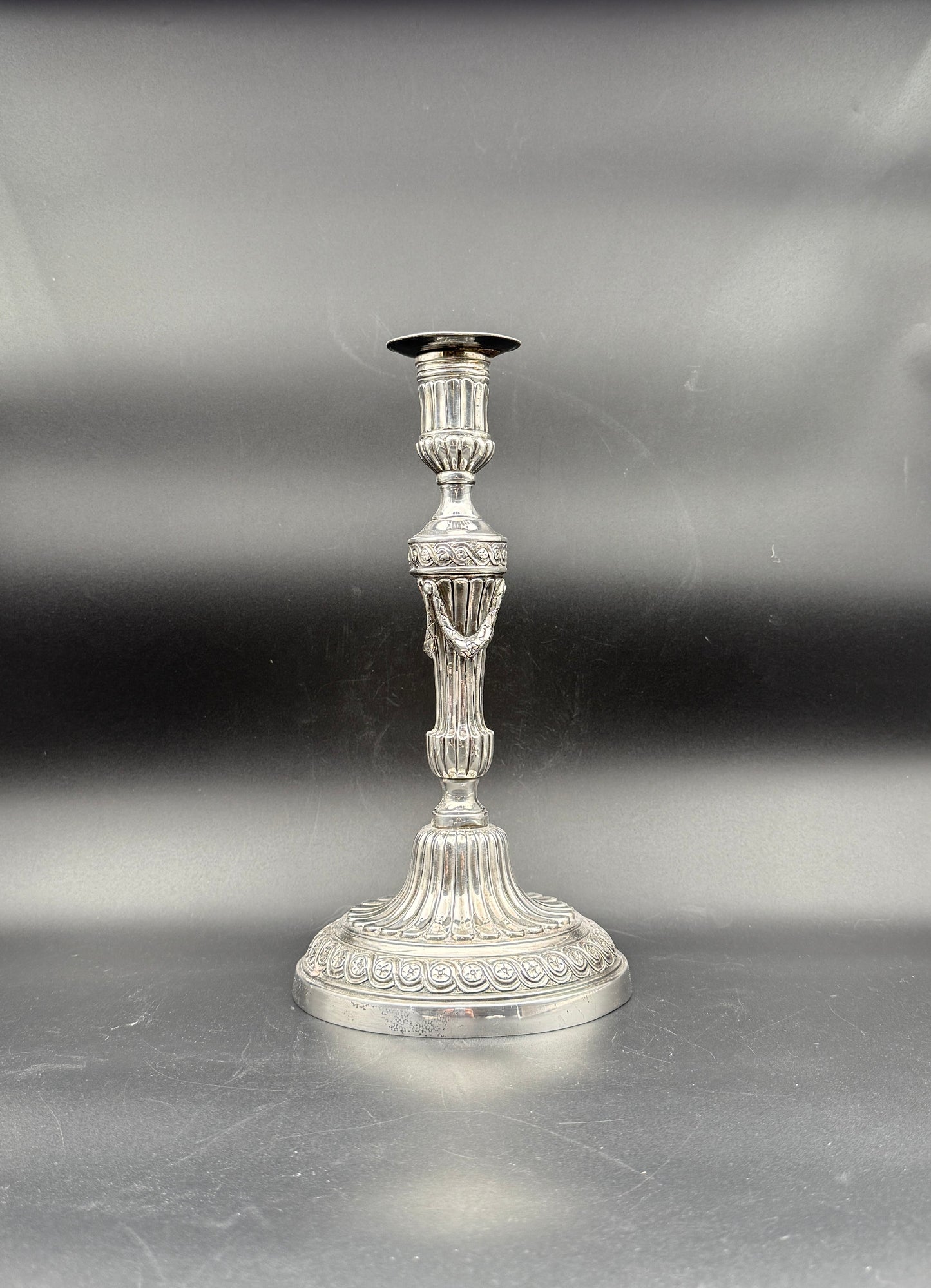 Pair Louis XVI Style Silverplate Metal Candlesticks Neoclassical Decor