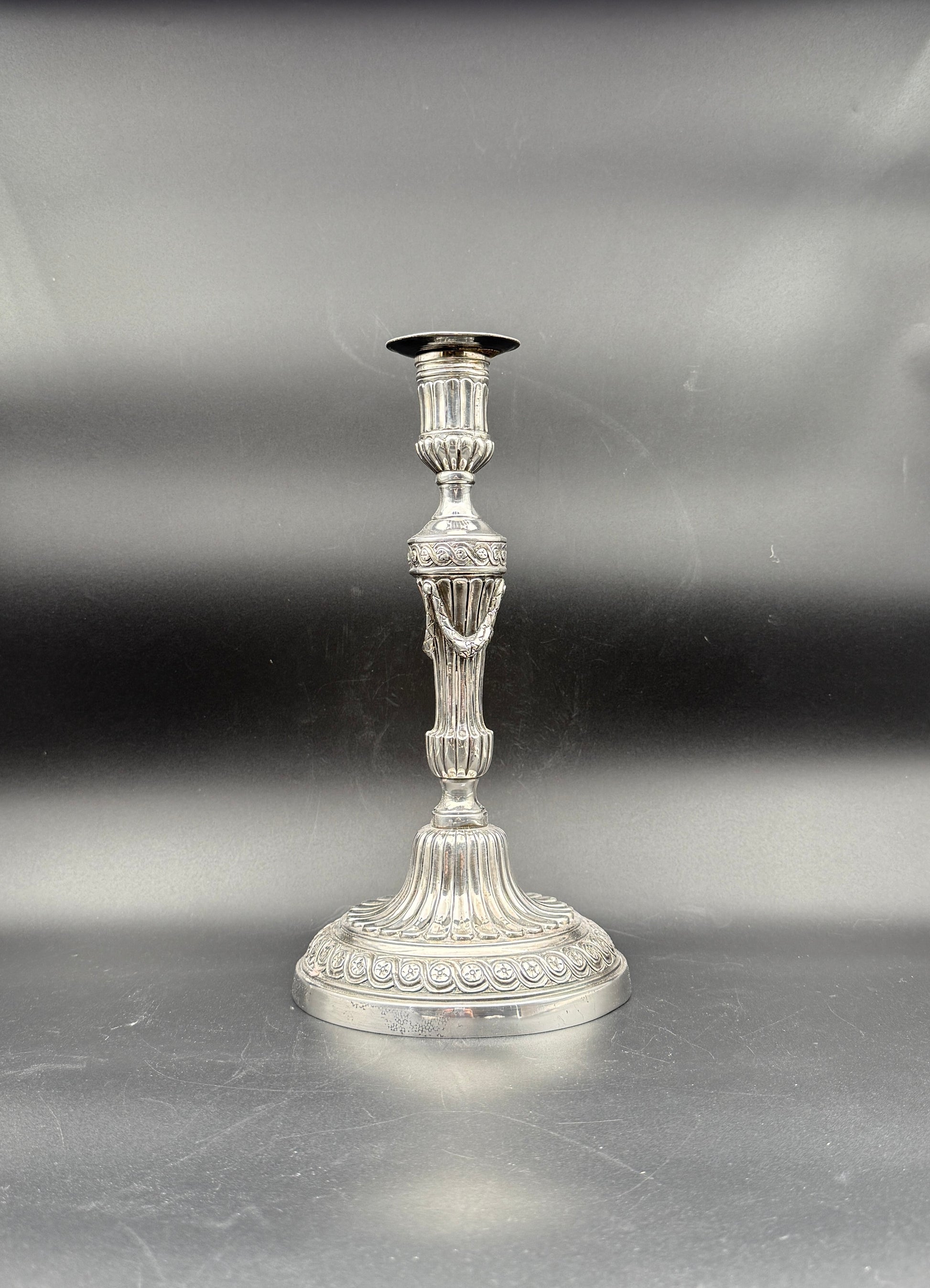 Pair Louis XVI Style Silverplate Metal Candlesticks Neoclassical Decor