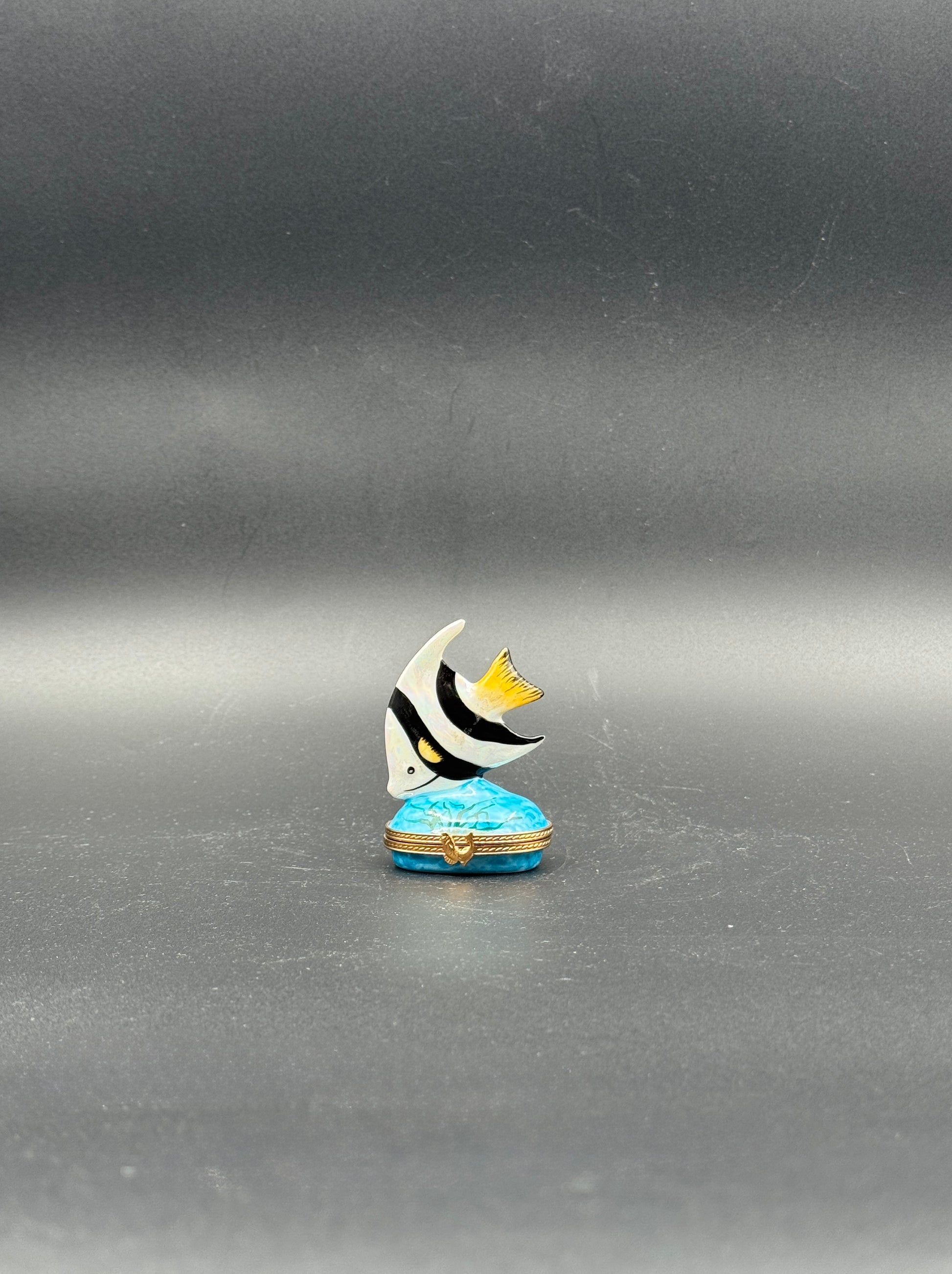 Limoges France Hand-Painted Fish Porcelain Trinket Box with Gilt Mounts