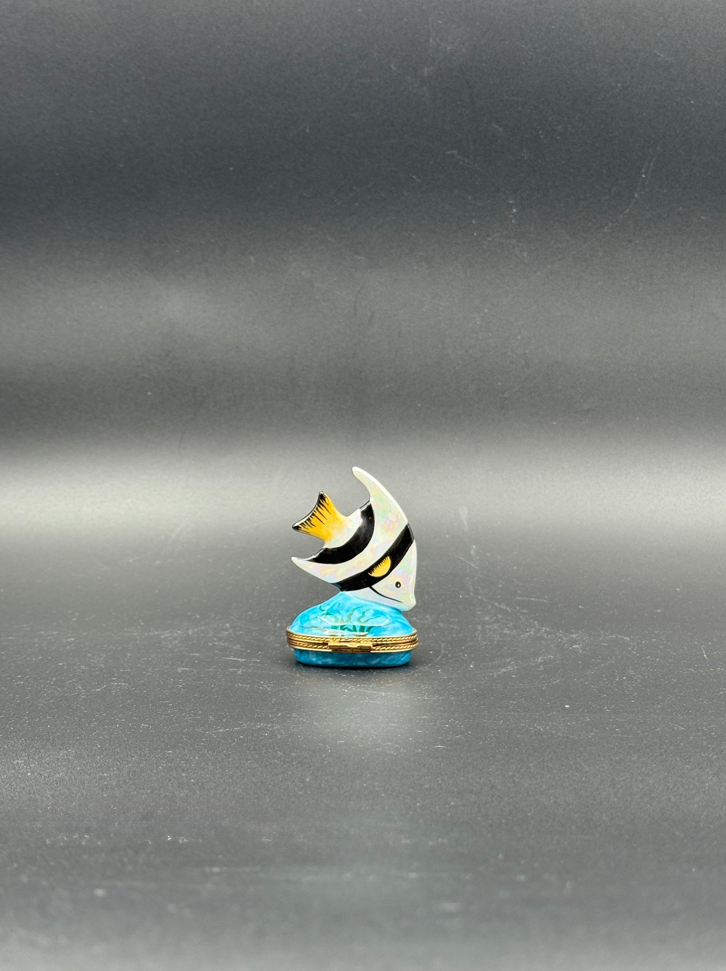 Limoges France Hand-Painted Fish Porcelain Trinket Box with Gilt Mounts