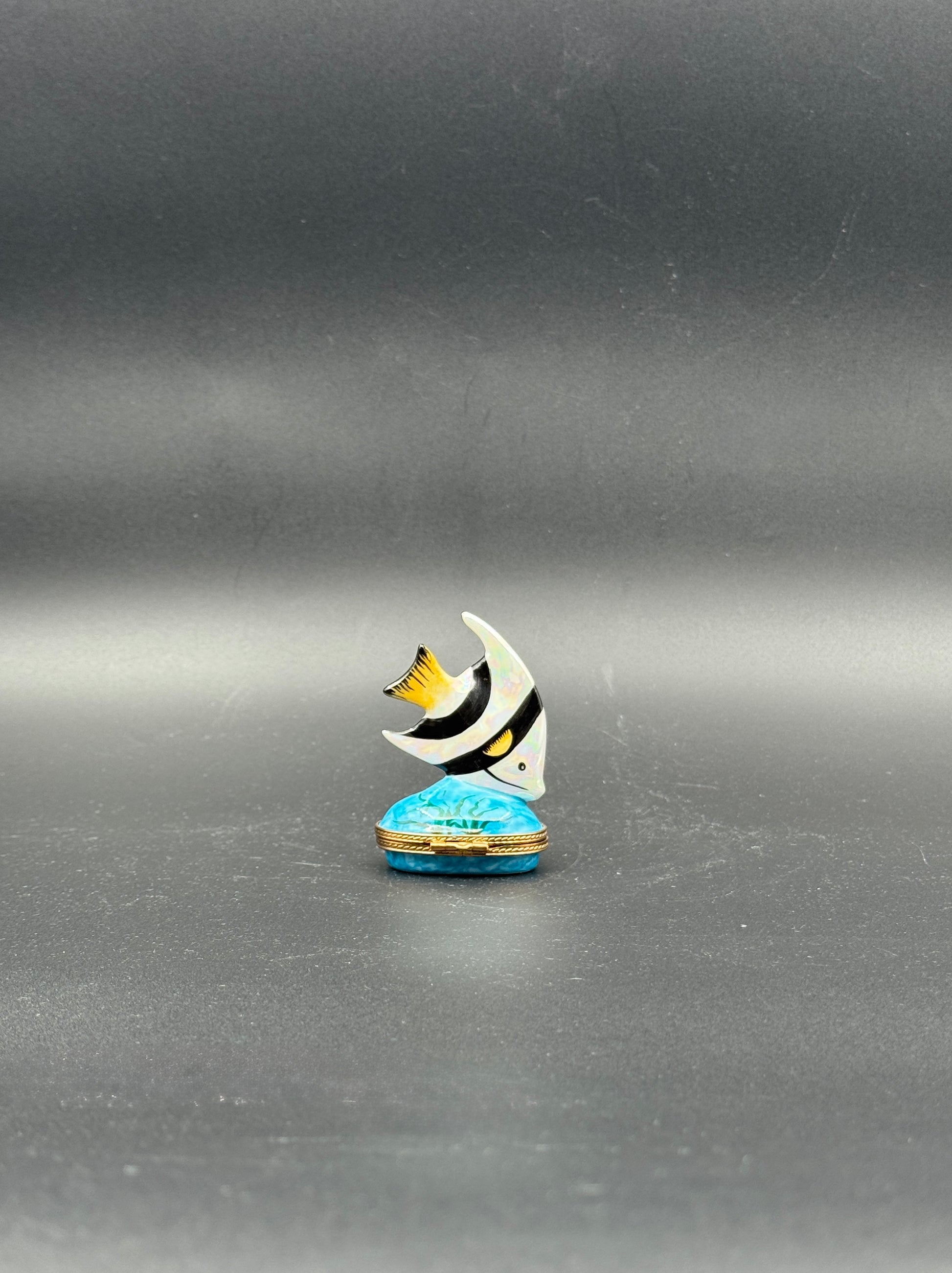 Limoges France Hand-Painted Fish Porcelain Trinket Box with Gilt Mounts