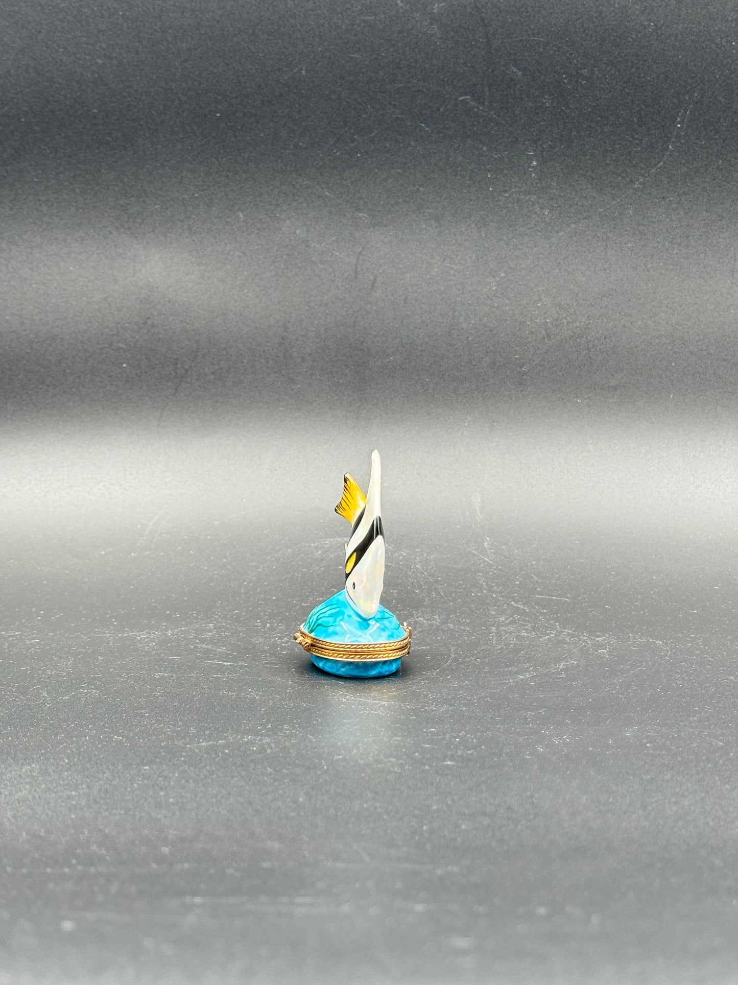 Limoges France Hand-Painted Fish Porcelain Trinket Box with Gilt Mounts