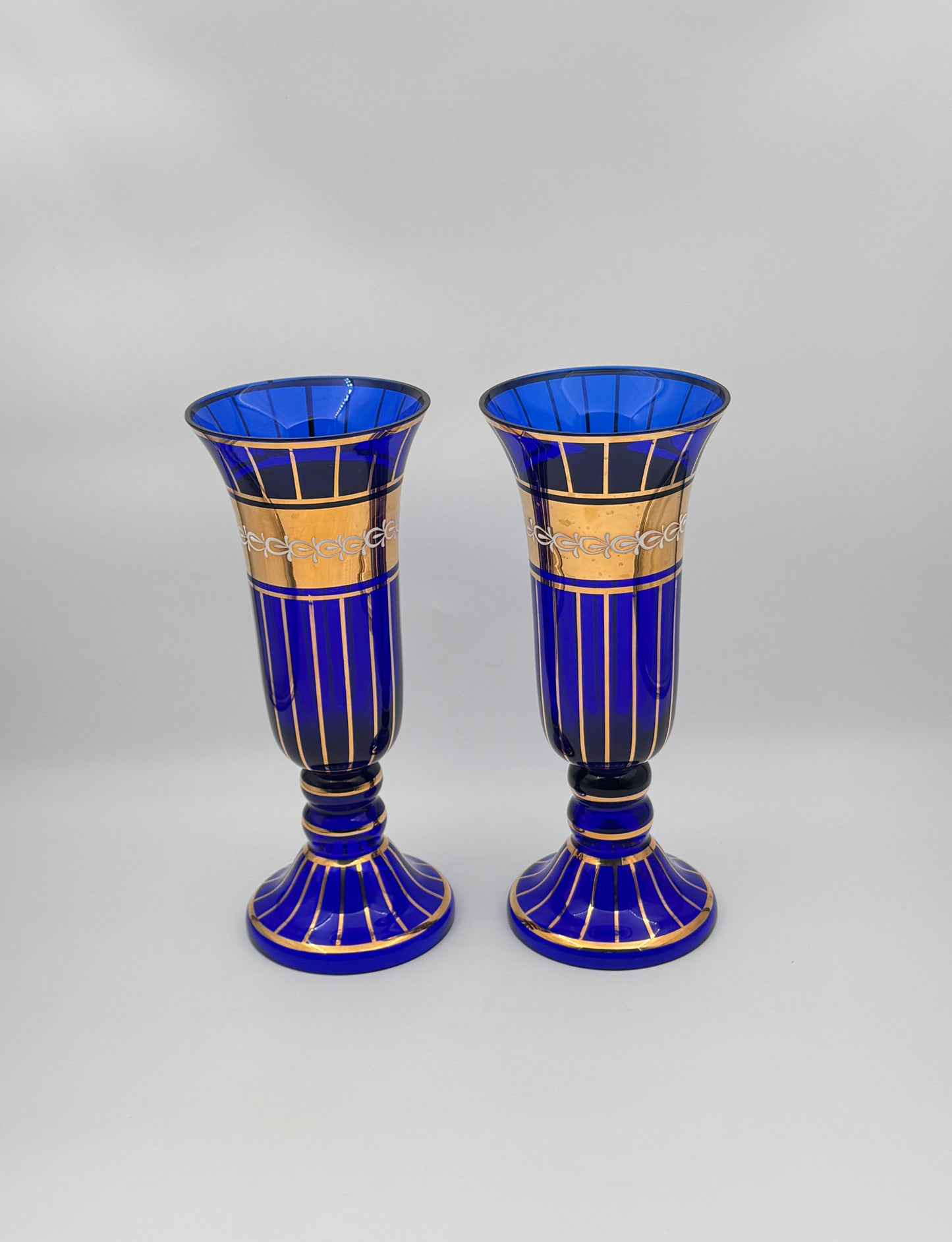 Pair of Bohemian Czech Glass Vases – Cobalt Blue with Gold & White Trim