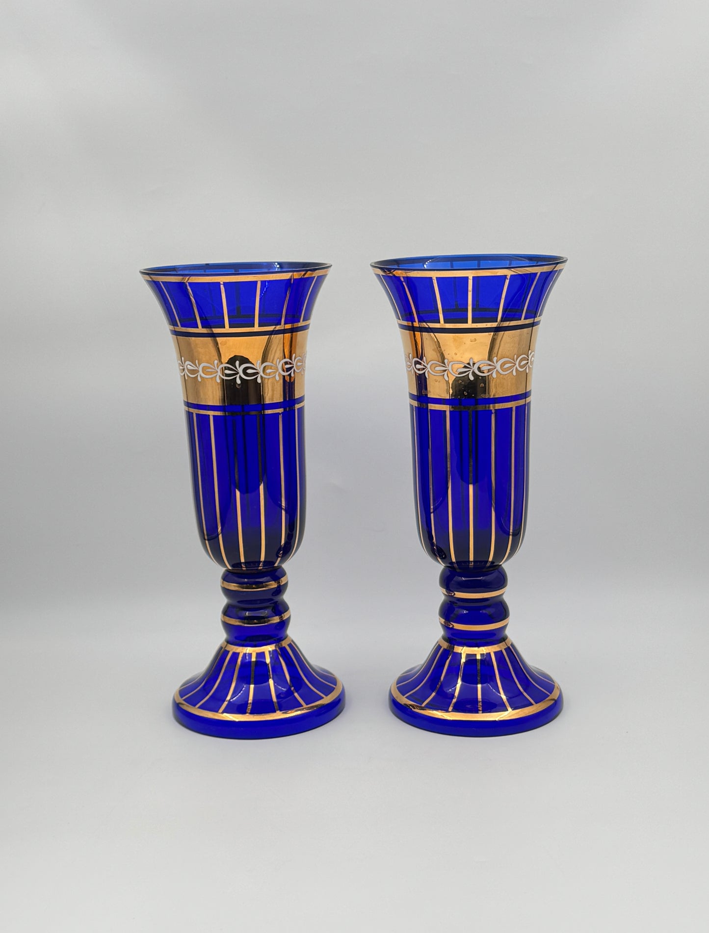 Pair of Bohemian Czech Glass Vases – Cobalt Blue with Gold & White Trim