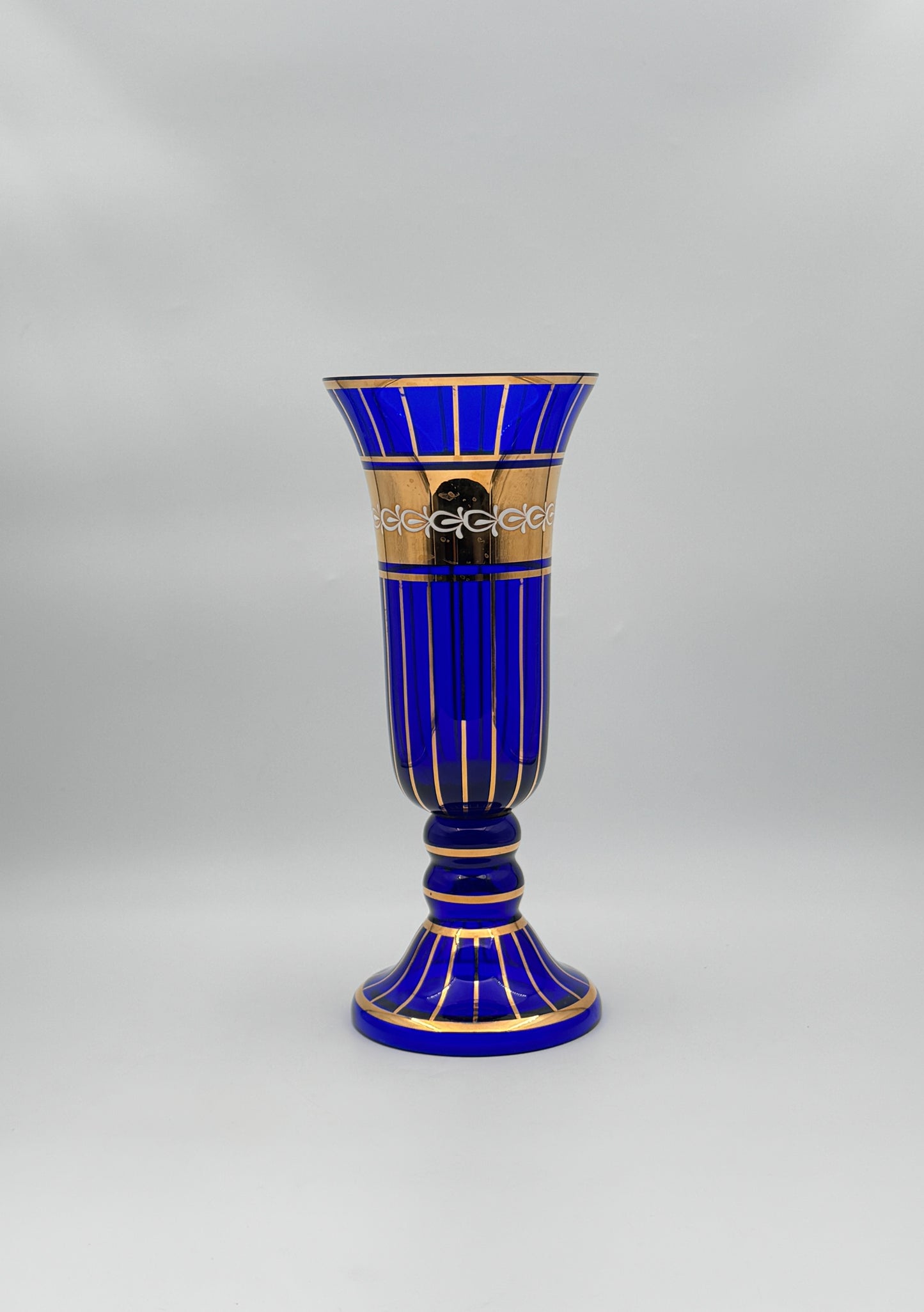 Pair of Bohemian Czech Glass Vases – Cobalt Blue with Gold & White Trim