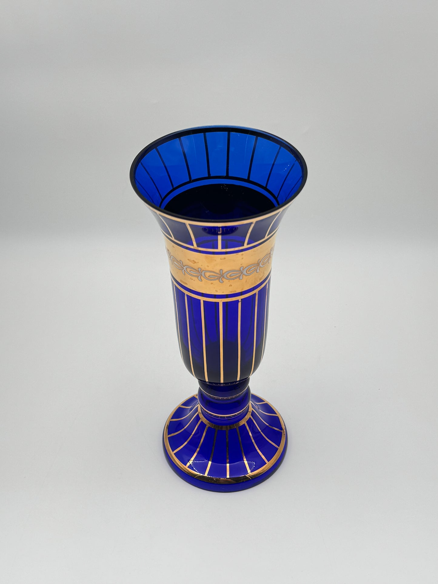 Pair of Bohemian Czech Glass Vases – Cobalt Blue with Gold & White Trim