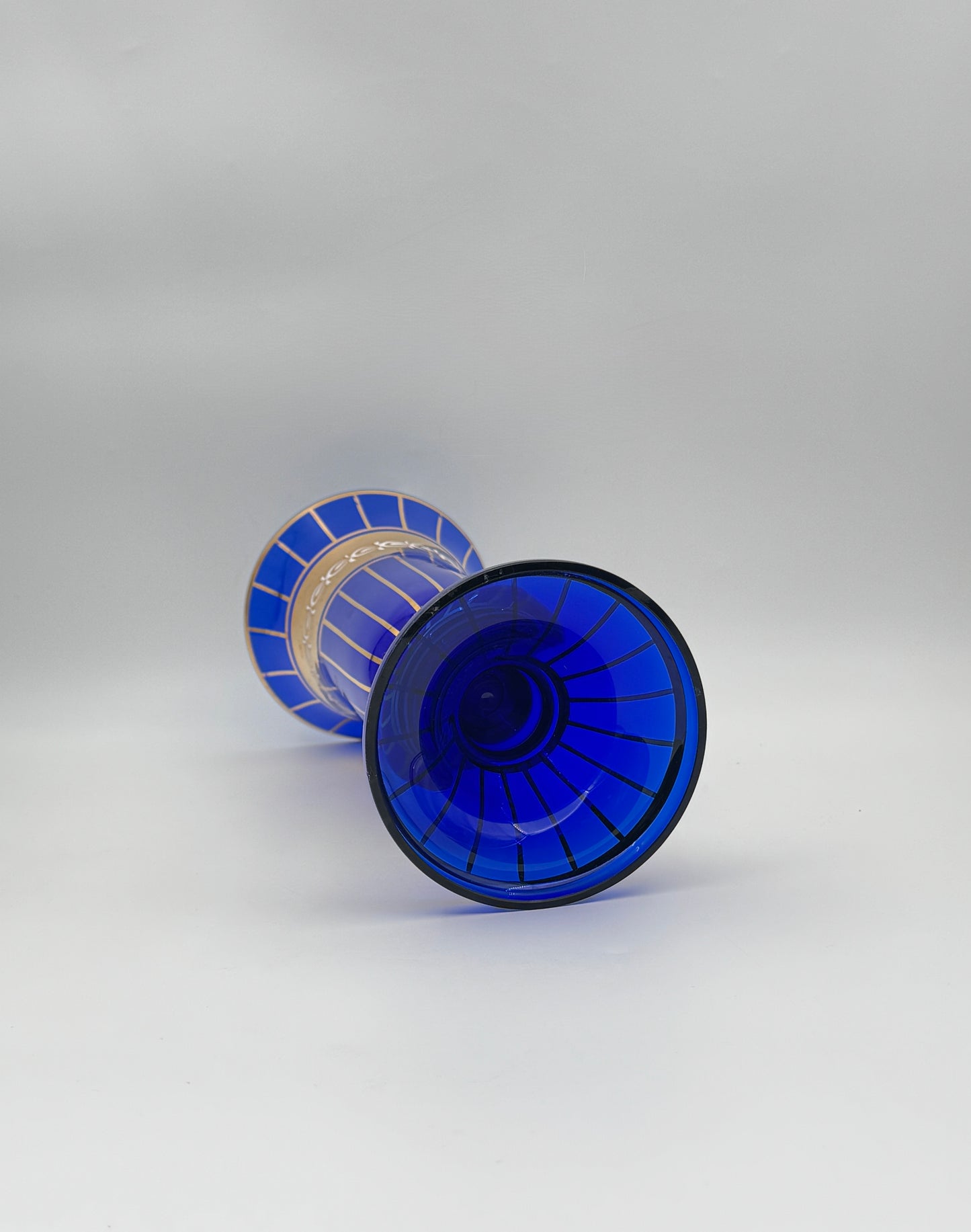 Pair of Bohemian Czech Glass Vases – Cobalt Blue with Gold & White Trim