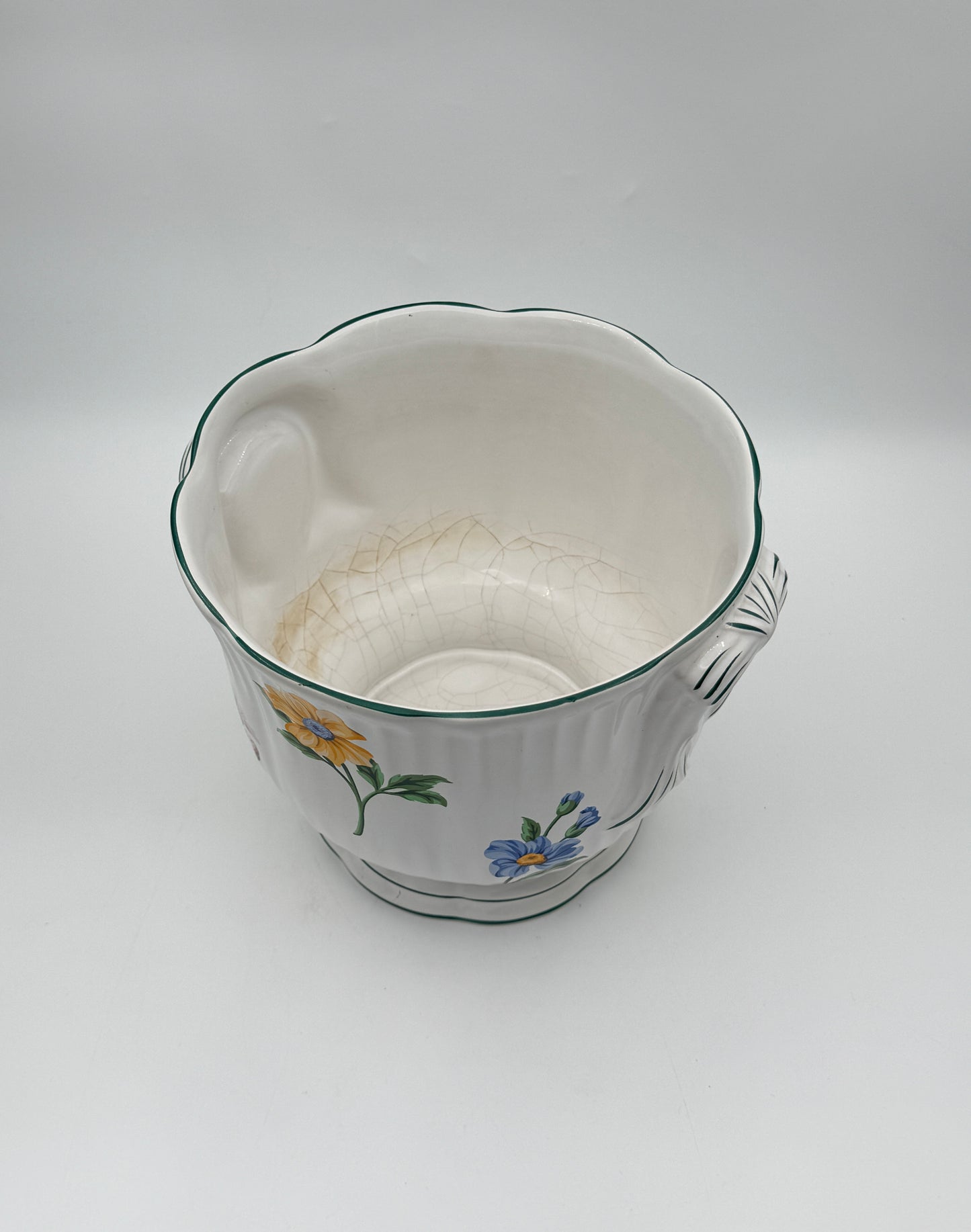 Tiffany & Co. Porcelain Cachepot – White with Hand-Painted Flowers & Green Trim