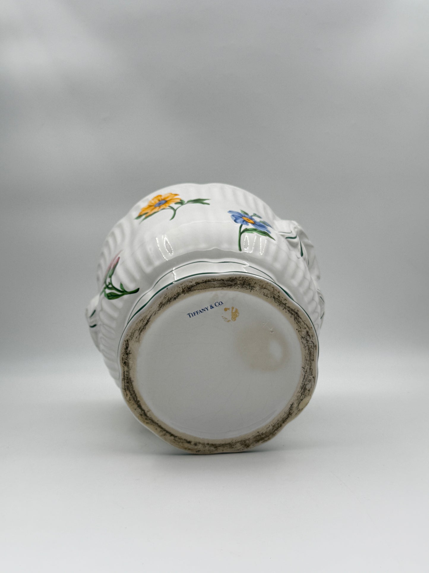 Tiffany & Co. Porcelain Cachepot – White with Hand-Painted Flowers & Green Trim