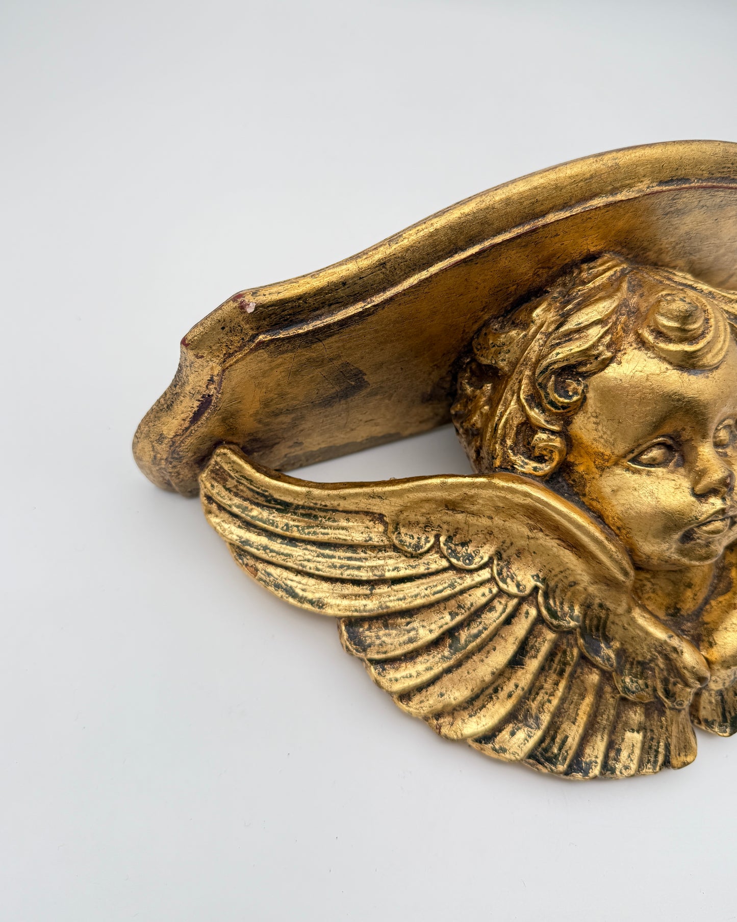 Pair Italian Giltwood Cherub Wall Brackets Baroque Carved Gold Shelf