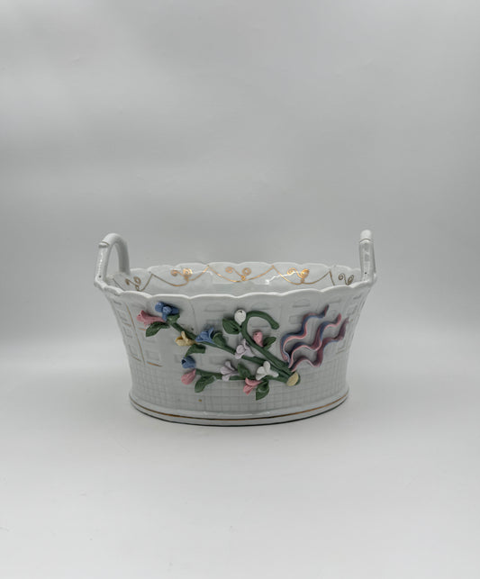 Ceramic Basket Weave Bowl with Handles – White with Floral & Gold Trim