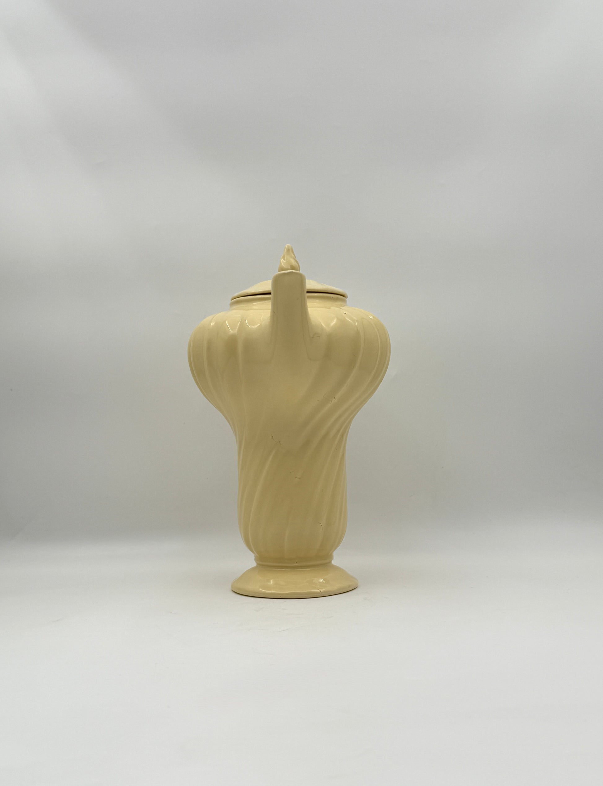 Vintage USA Pottery Pale Yellow Pitcher with Lid, Mid-Century