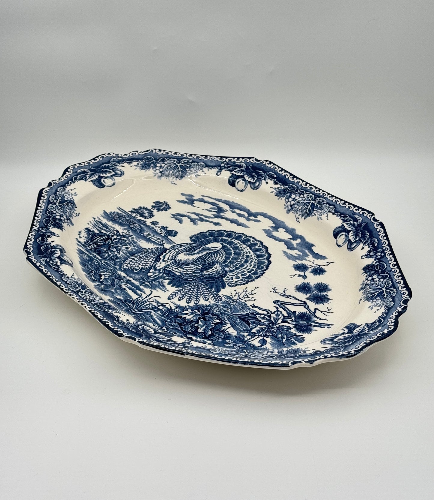 Blue & White Transferware Turkey Platter – Scalloped Edge with Floral & Fruit Border