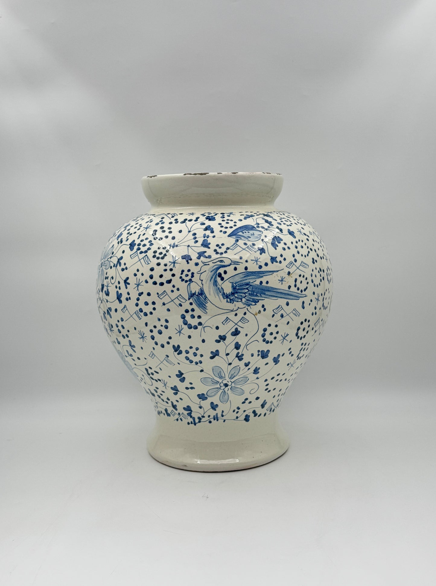 Blue & White Vase with Bird and Floral Motif