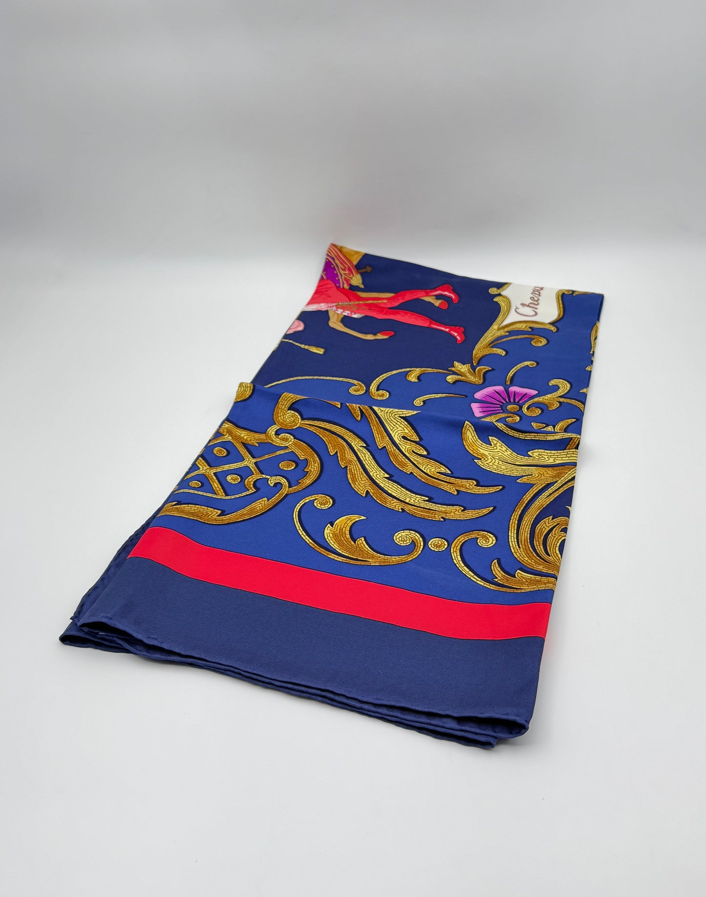 Hermès “Cheval Turc” Silk Scarf – Christine Vauzelles, Navy & Red