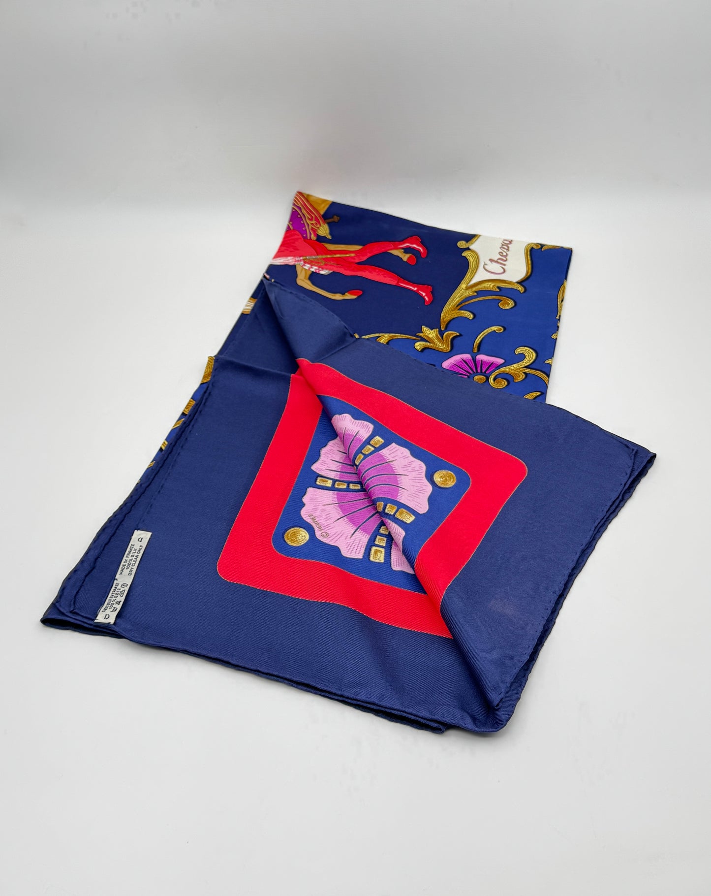 Hermès “Cheval Turc” Silk Scarf – Christine Vauzelles, Navy & Red