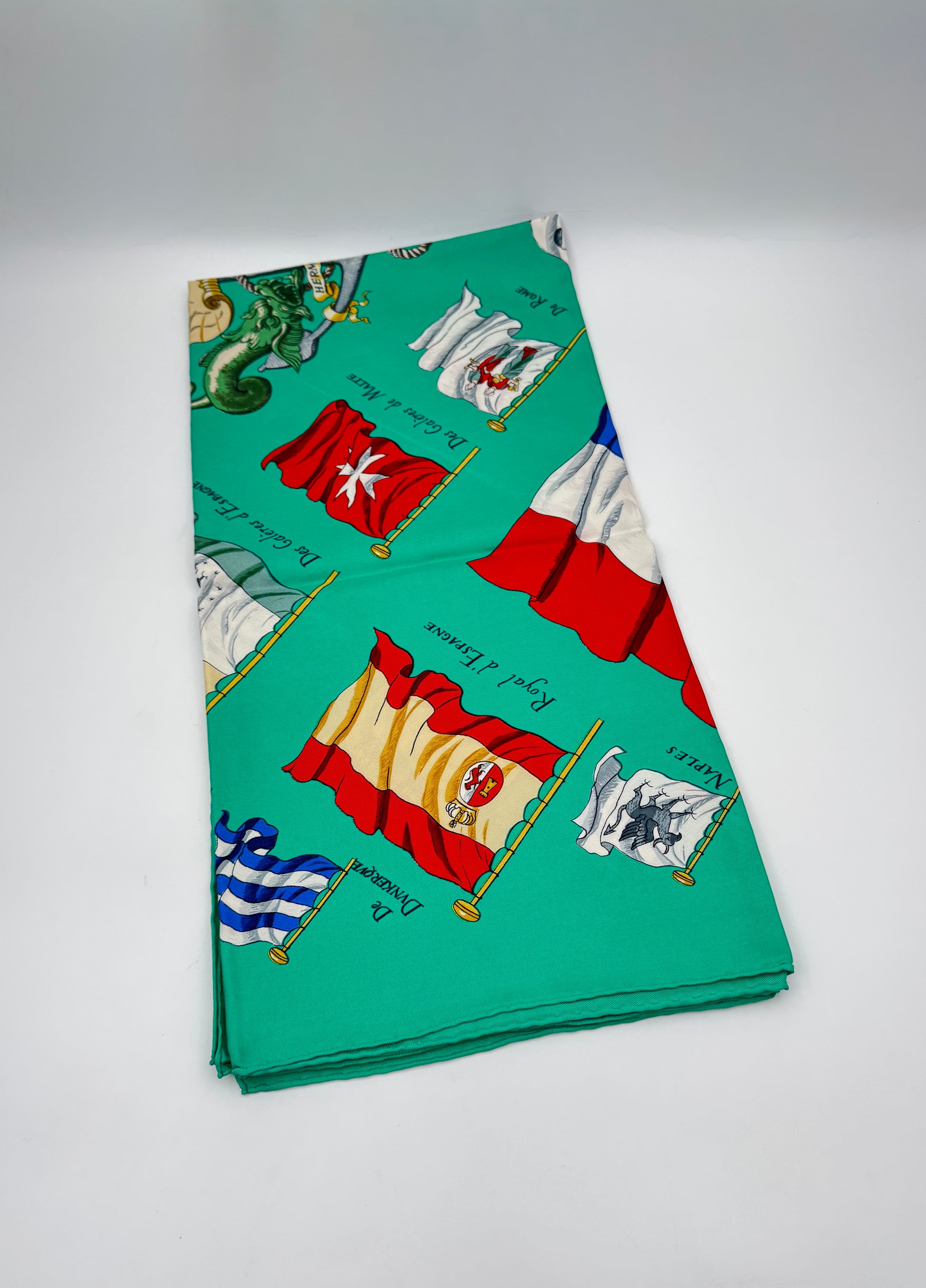 Hermès Silk Scarf “Pavois” by Philippe Ledoux Green with Flags Design