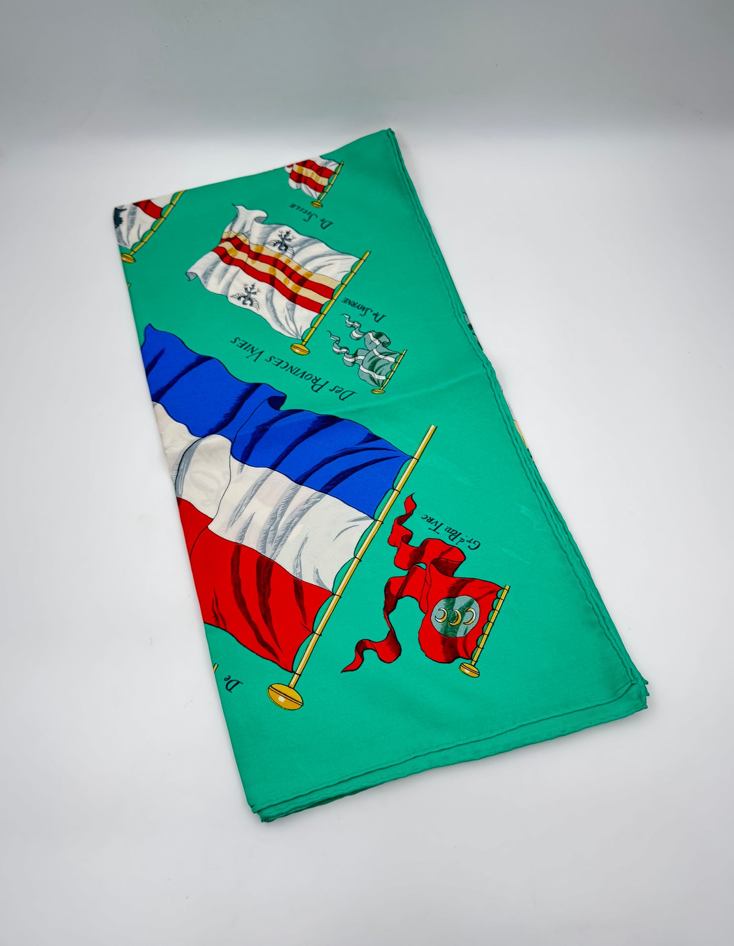 Hermès Silk Scarf “Pavois” by Philippe Ledoux Green with Flags Design