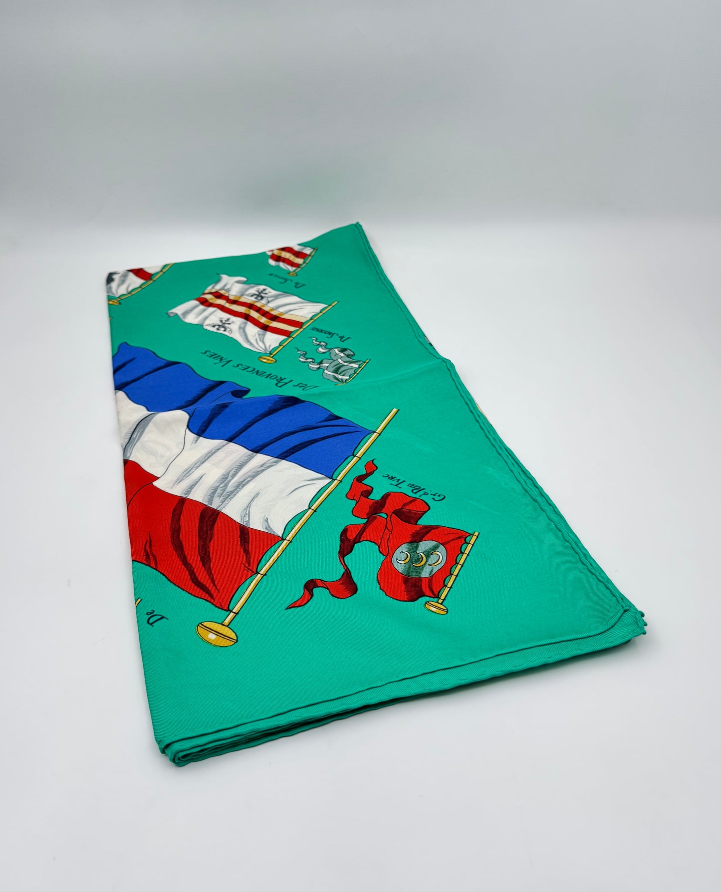 Hermès Silk Scarf “Pavois” by Philippe Ledoux Green with Flags Design