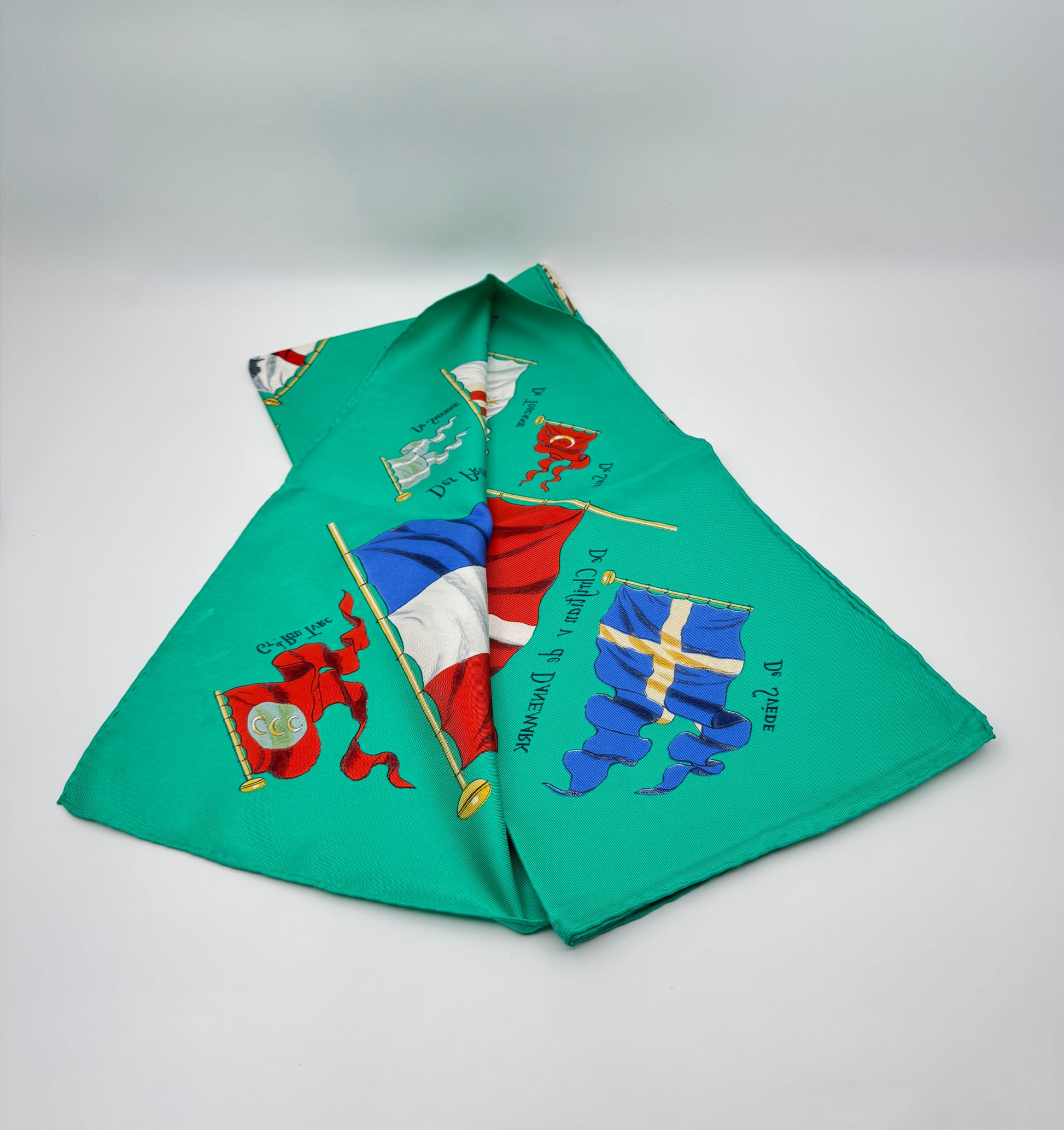 Hermès Silk Scarf “Pavois” by Philippe Ledoux Green with Flags Design