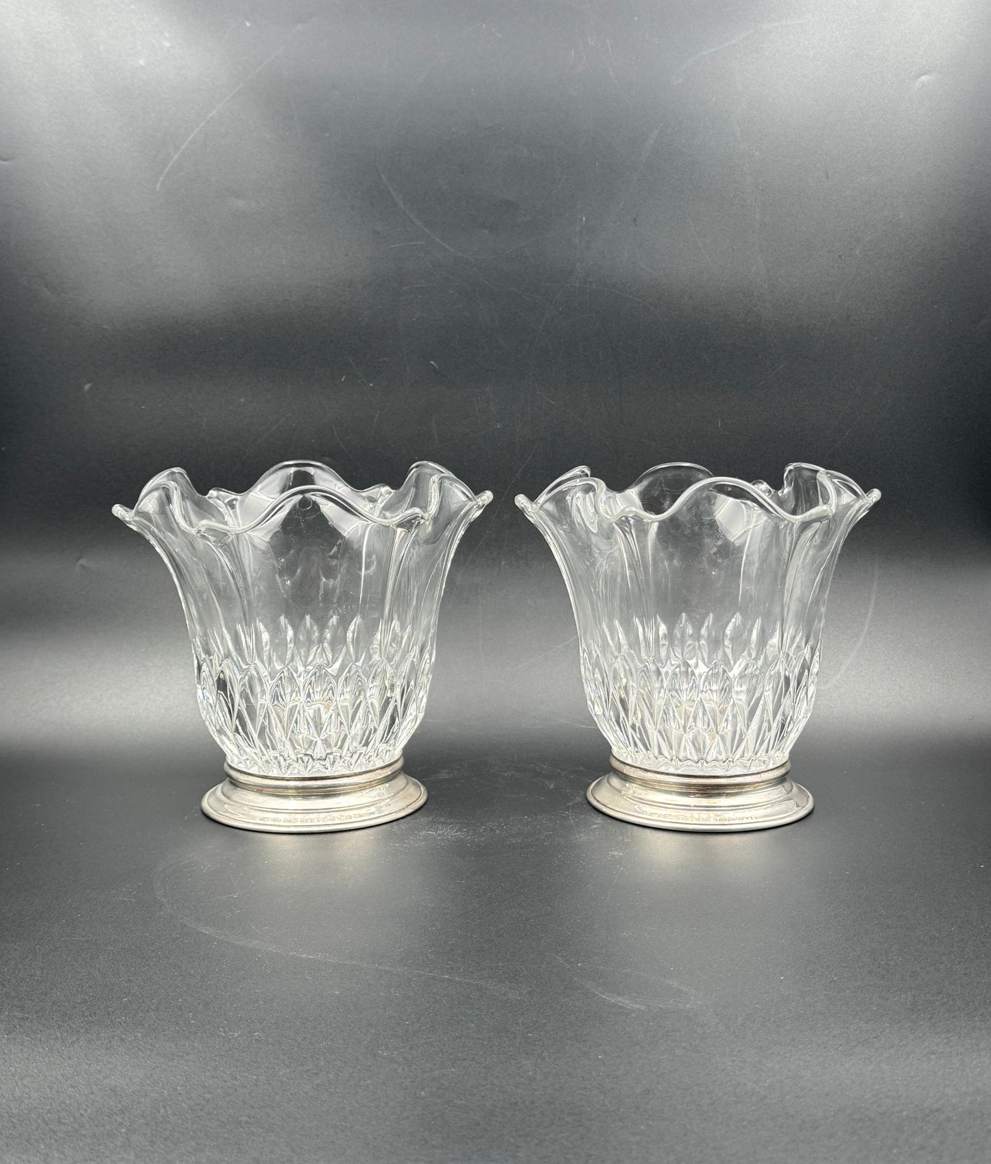 Set of 2 Crystal Vases with Sterling Silver Bases – B&M Benedict & Miller, New York c.1935