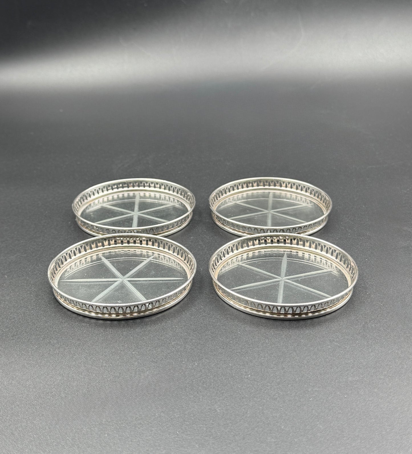 Set of 4 Sterling Silver Rimmed Glass Coasters – Pierced Gallery Edge, Star Cut Base