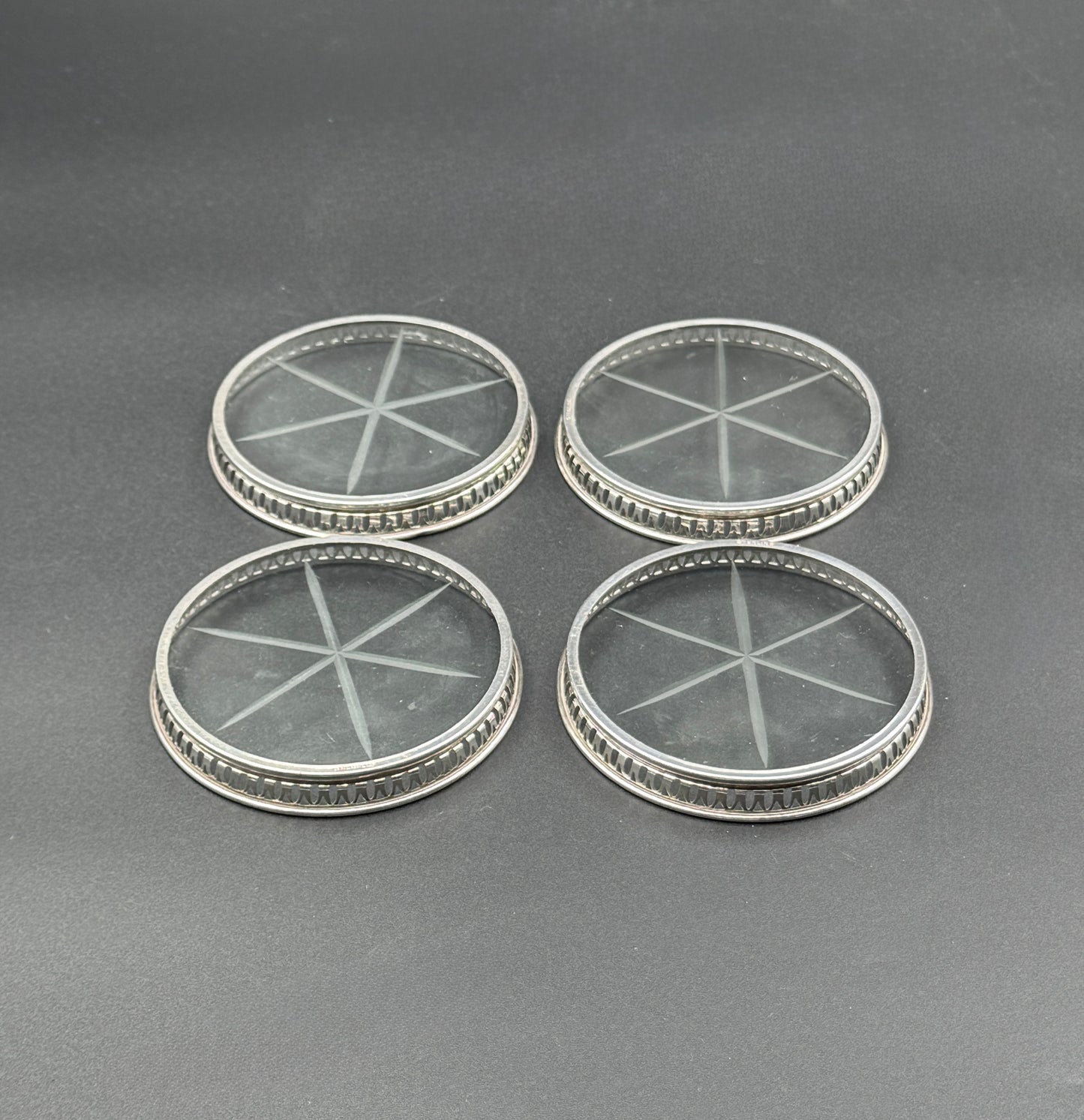 Set of 4 Sterling Silver Rimmed Glass Coasters – Pierced Gallery Edge, Star Cut Base