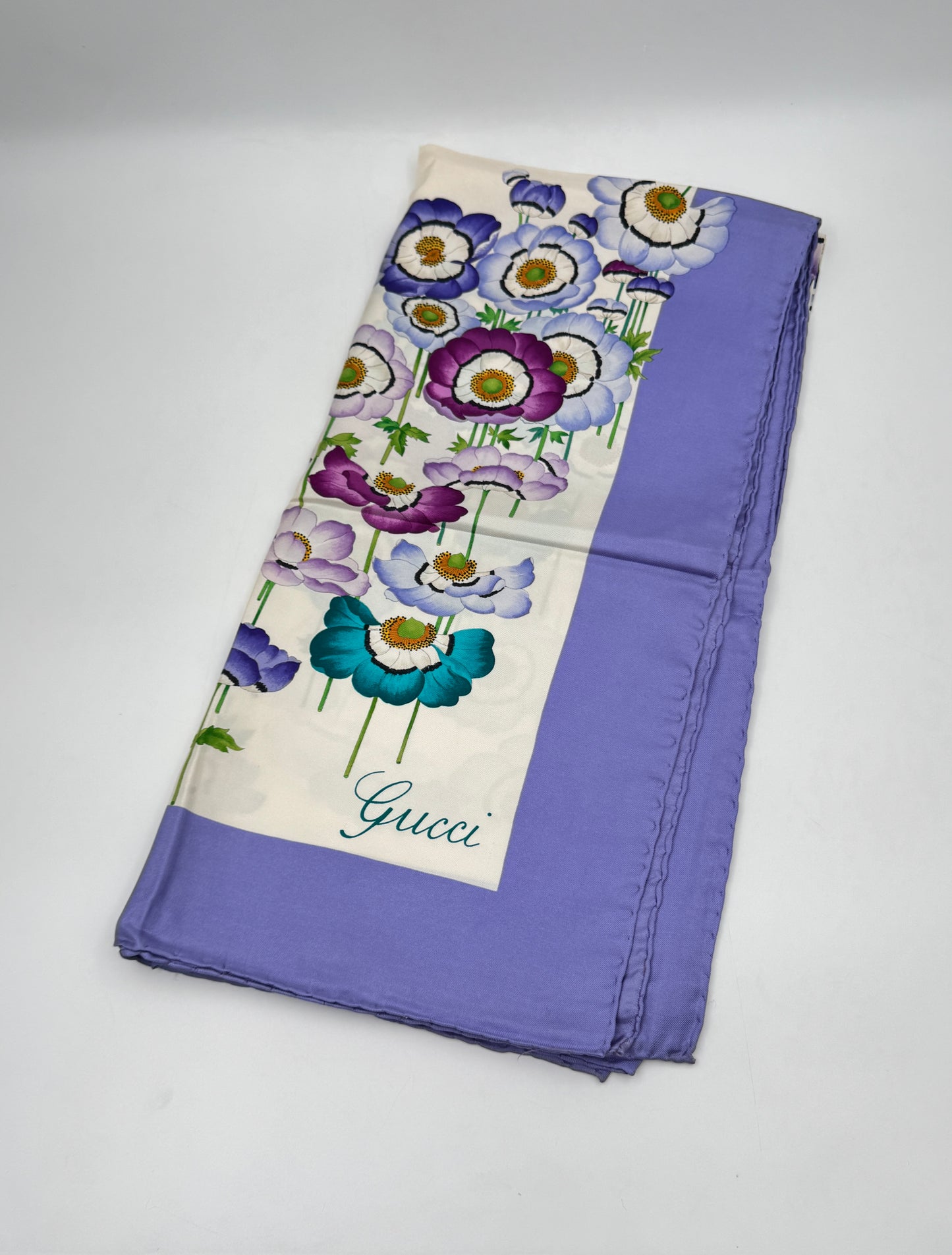 Gucci Silk Scarf – Anemones Floral Print, Lavender Border