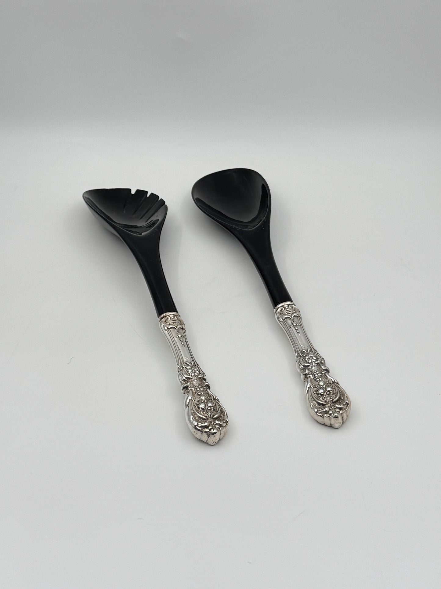 Reed & Barton Sterling Handled Salad Servers – Ornate Floral Pattern, Black Utensils