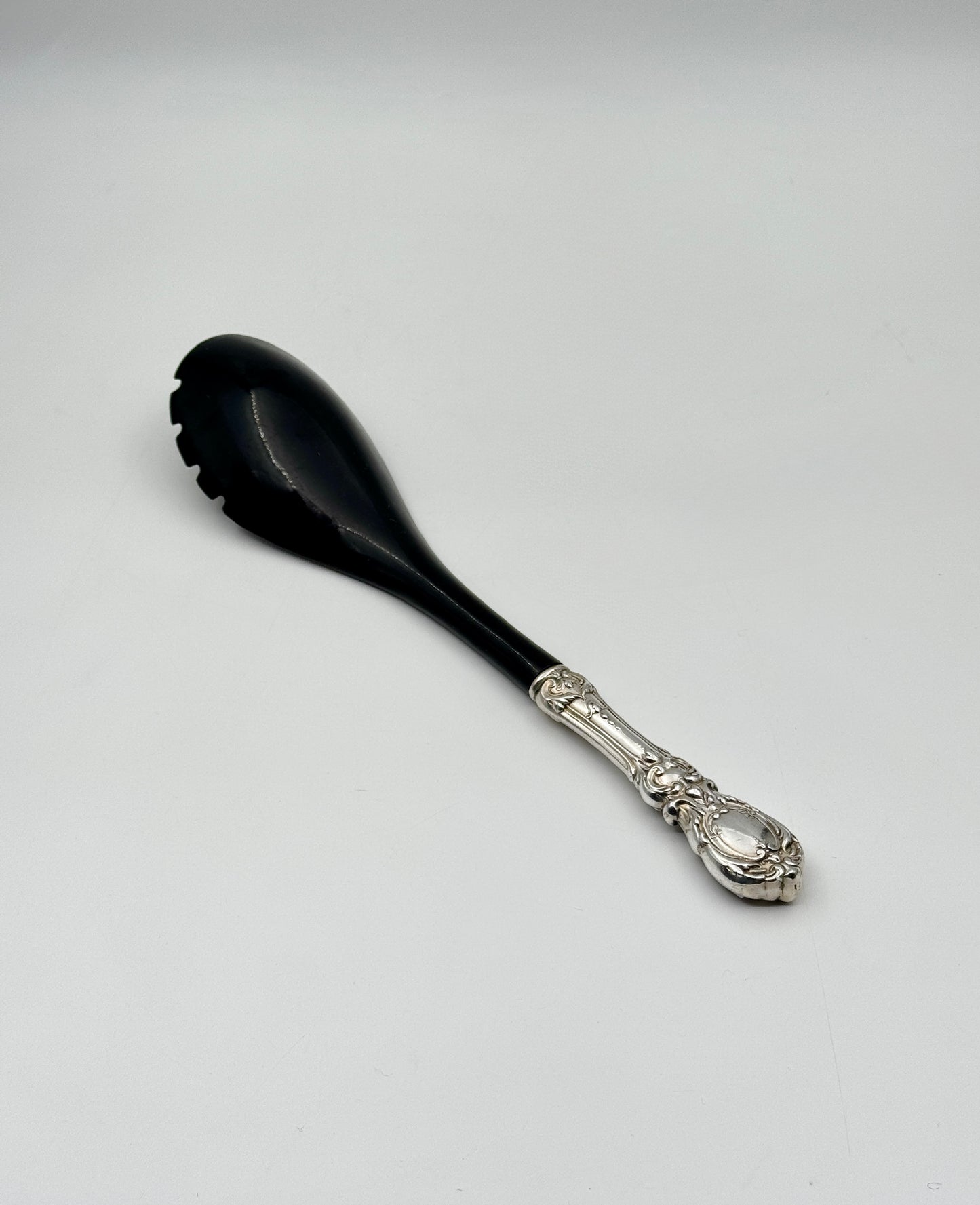 Reed & Barton Sterling Handled Salad Servers – Ornate Floral Pattern, Black Utensils