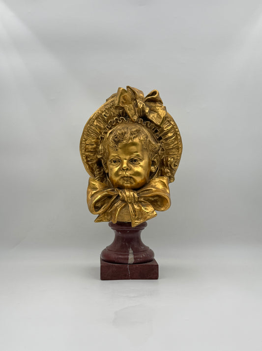 Gilded Bronze Bust The Young Debutante by E. Guillemin on Marble Base