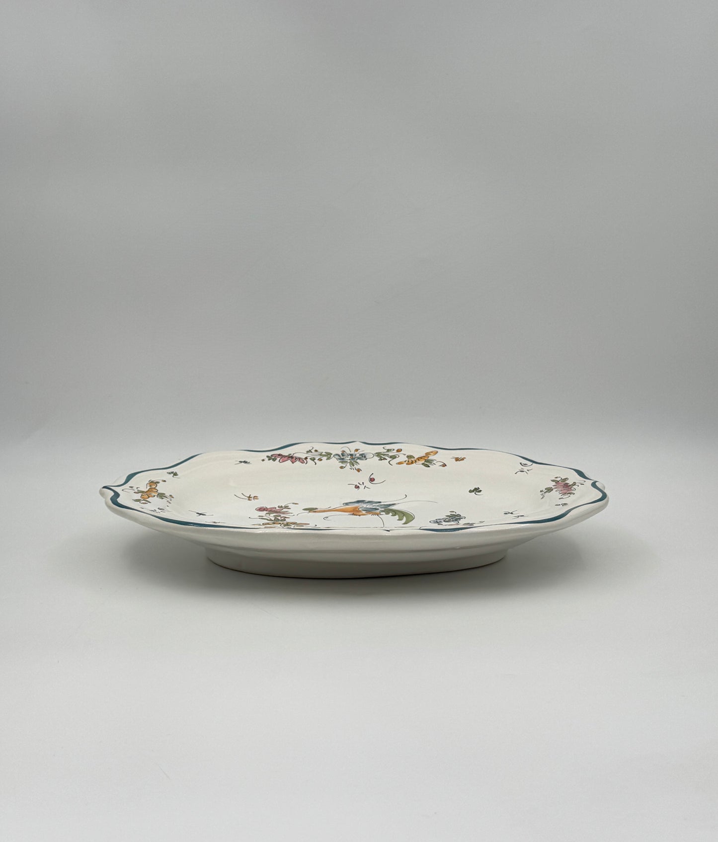 French Moustiers Hand-Painted Faience Platter – Bird & Floral Motif