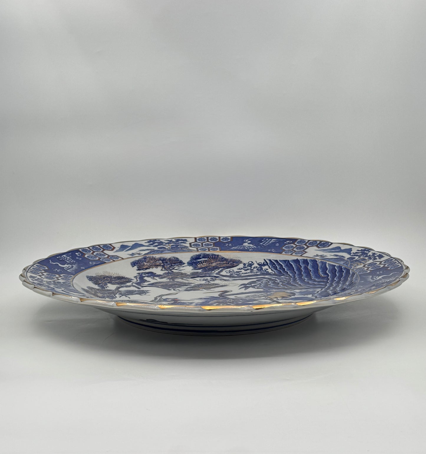 Large Imari Blue & White Platter with Gold – Crane Pattern, Scalloped Edge