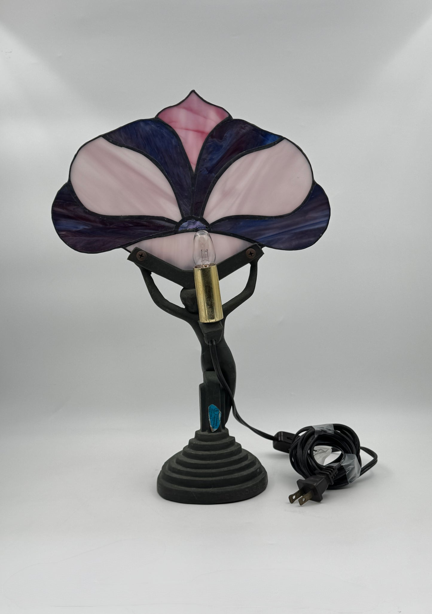 Art Deco Stained Glass Lamp with Female Figure Base