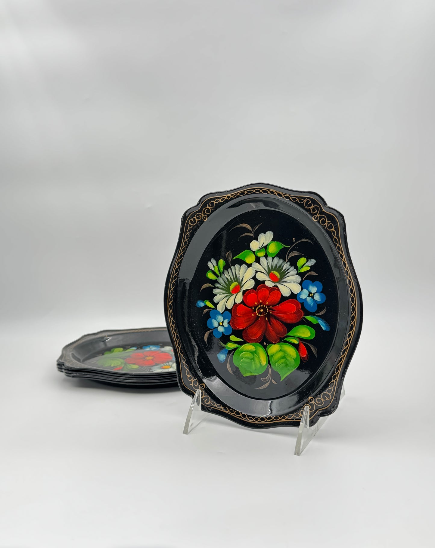 Set of 6 Zhostovo Tole Hand-Painted Floral Trays – Russia
