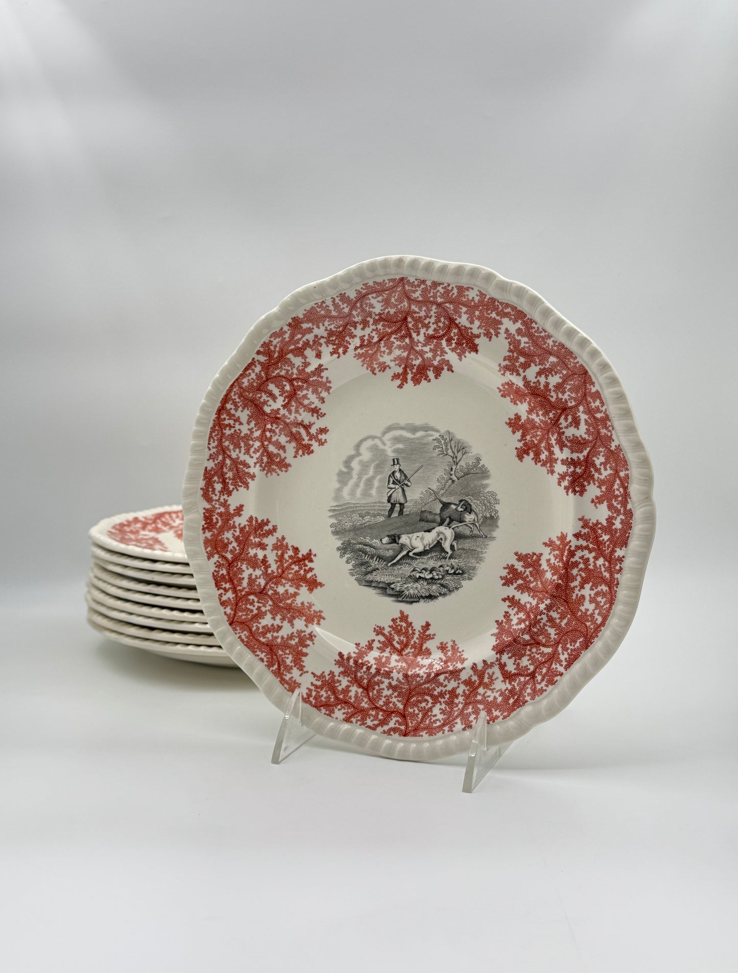 Set of 10 Copeland Spode Hunt Scene Plates – Red Transferware, c.1925