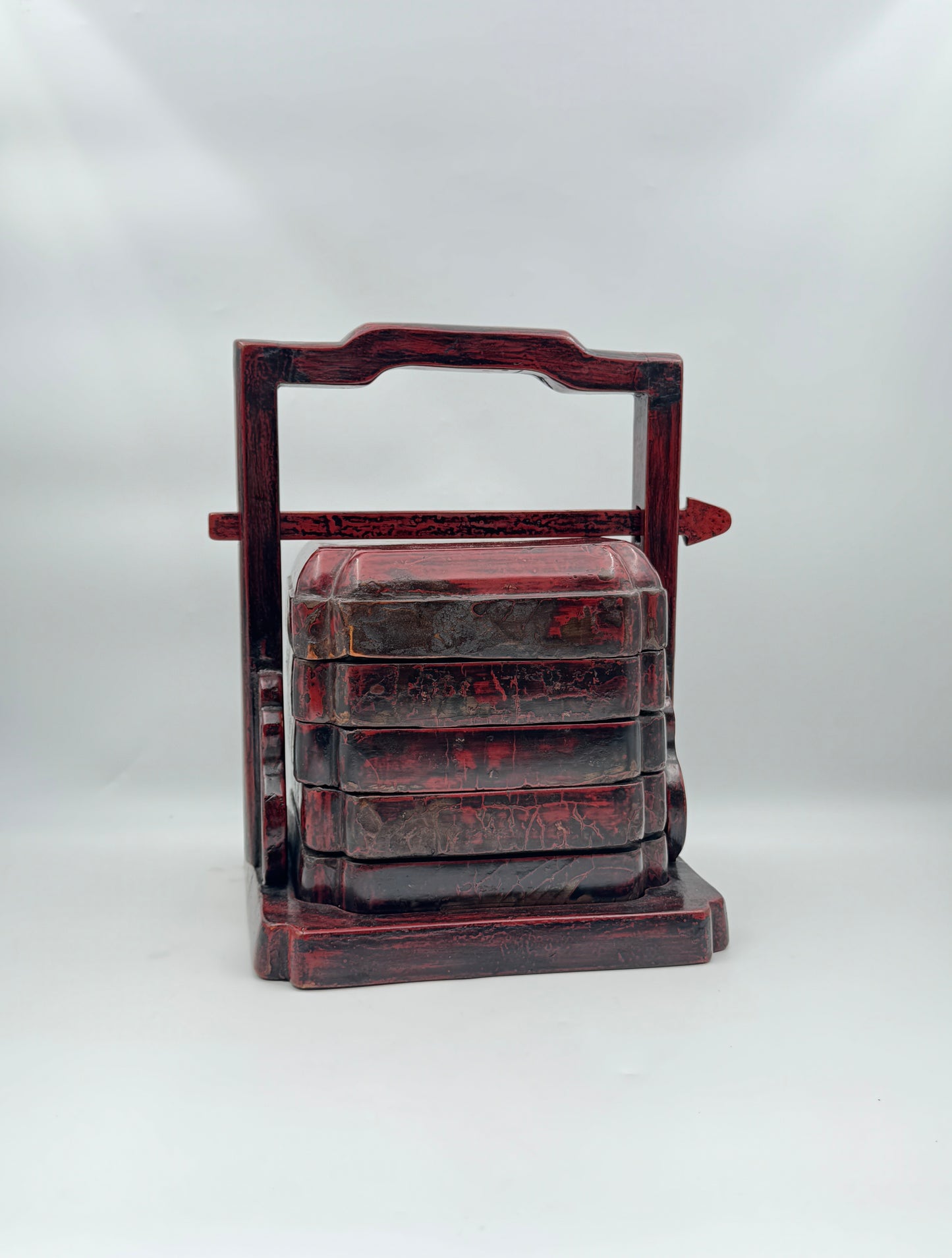 Chinese Red Lacquer Stacked Tea Box with Handle
