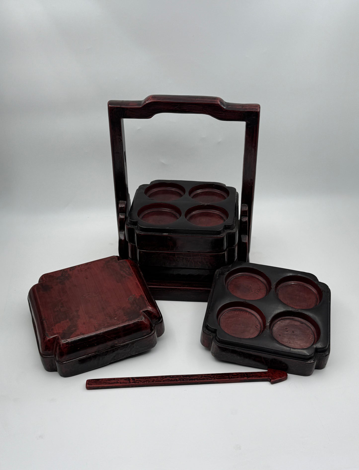 Chinese Red Lacquer Stacked Tea Box with Handle