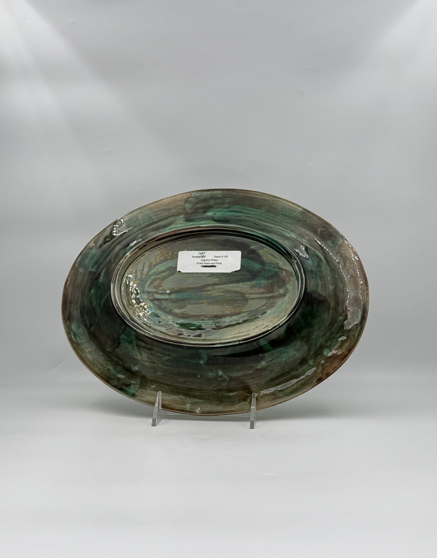 Majolica Oval Platter – Green and Brown with Pink Floral Relief