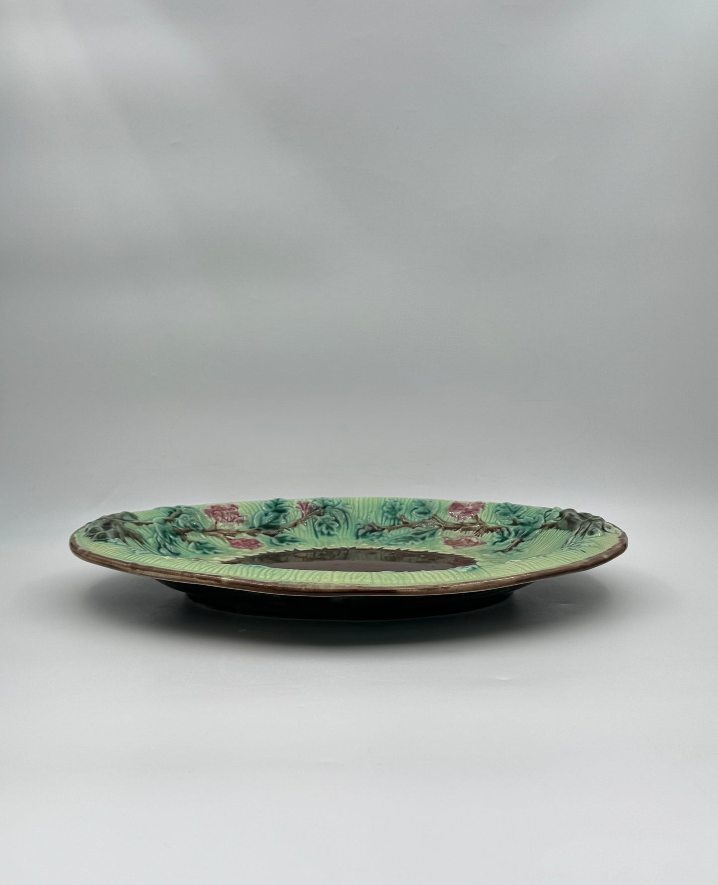 Majolica Oval Platter – Green and Brown with Pink Floral Relief