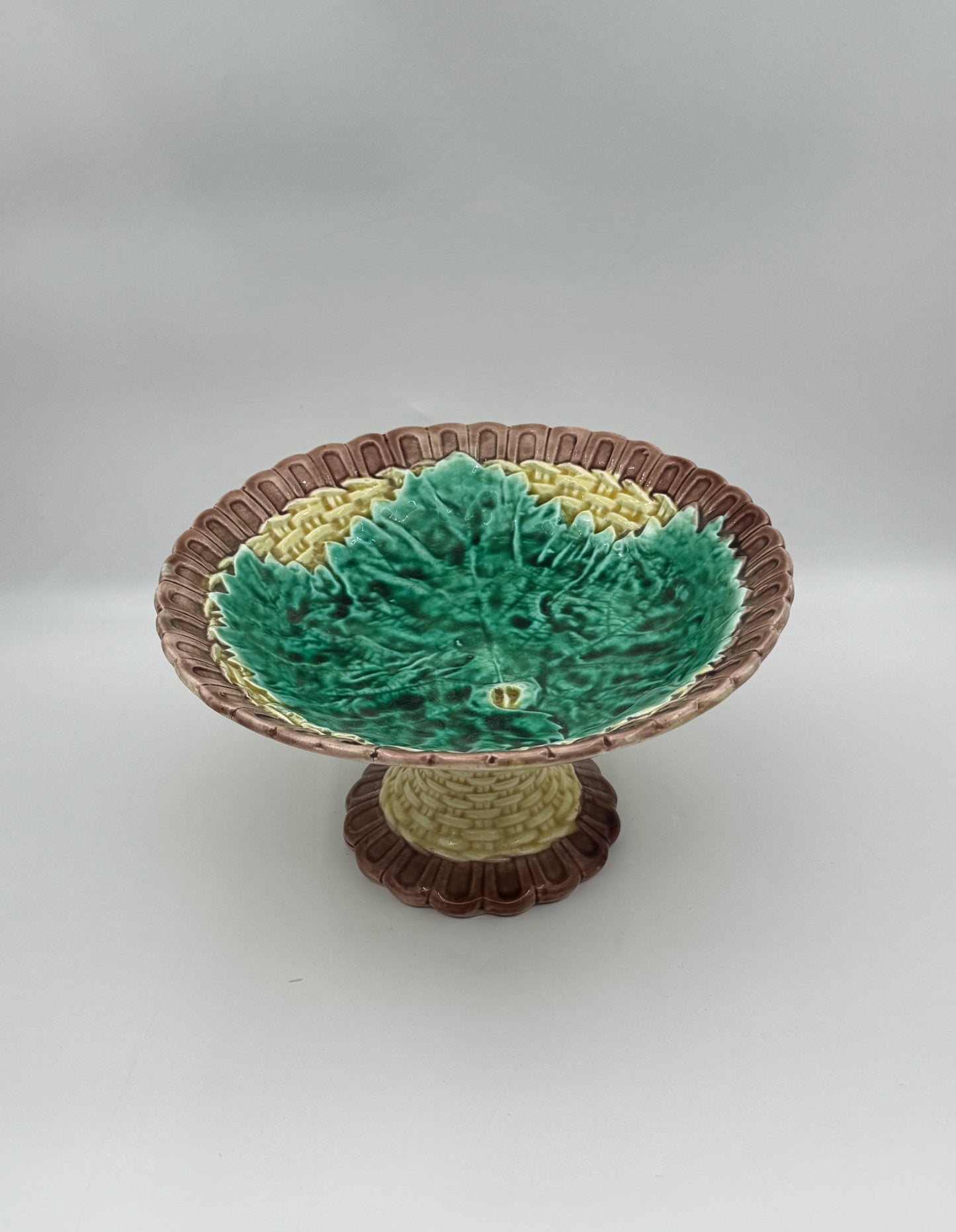 Majolica Pedestal Compote – Brown & Cream Base with Green Leaf Center