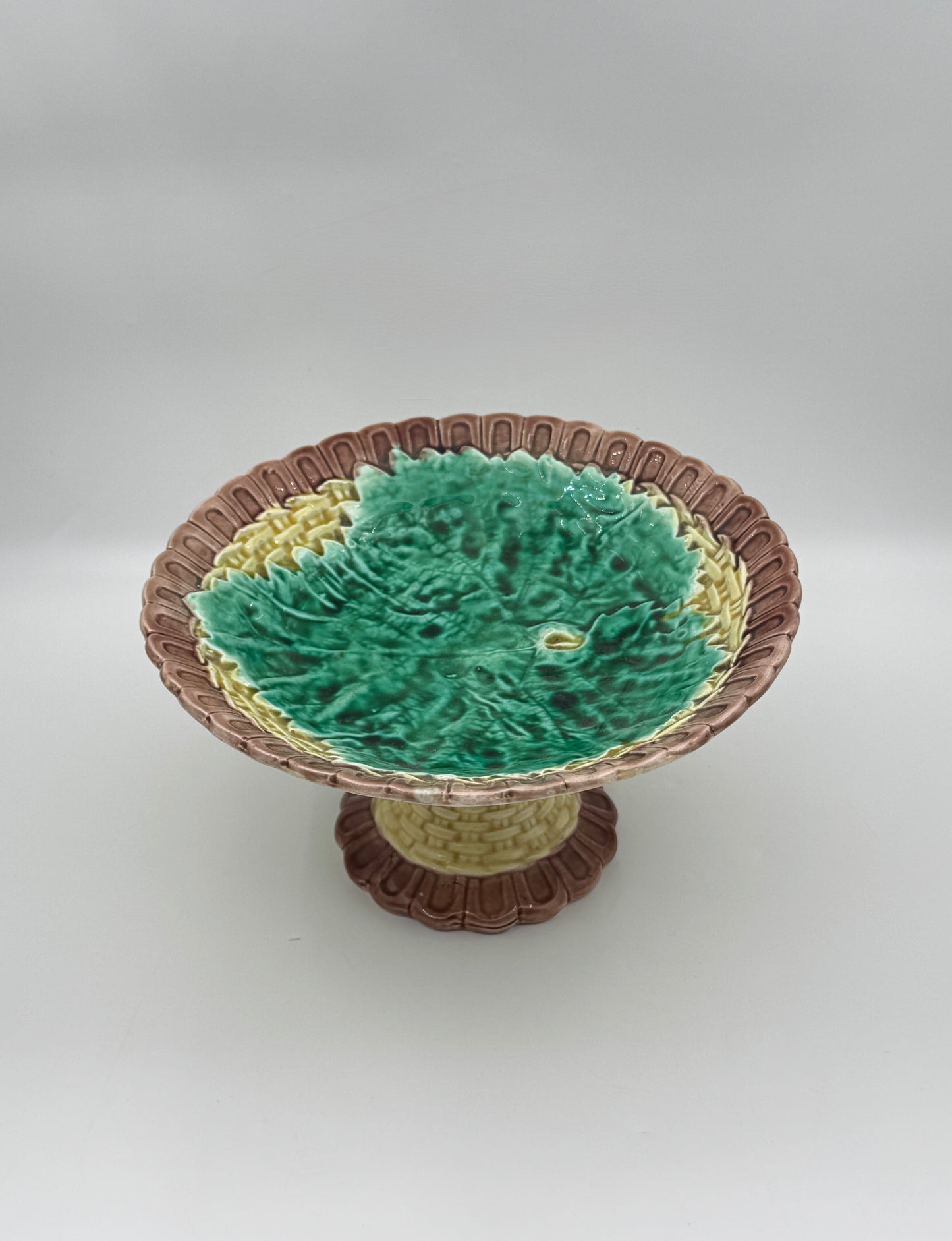 Majolica Pedestal Compote – Brown & Cream Base with Green Leaf Center