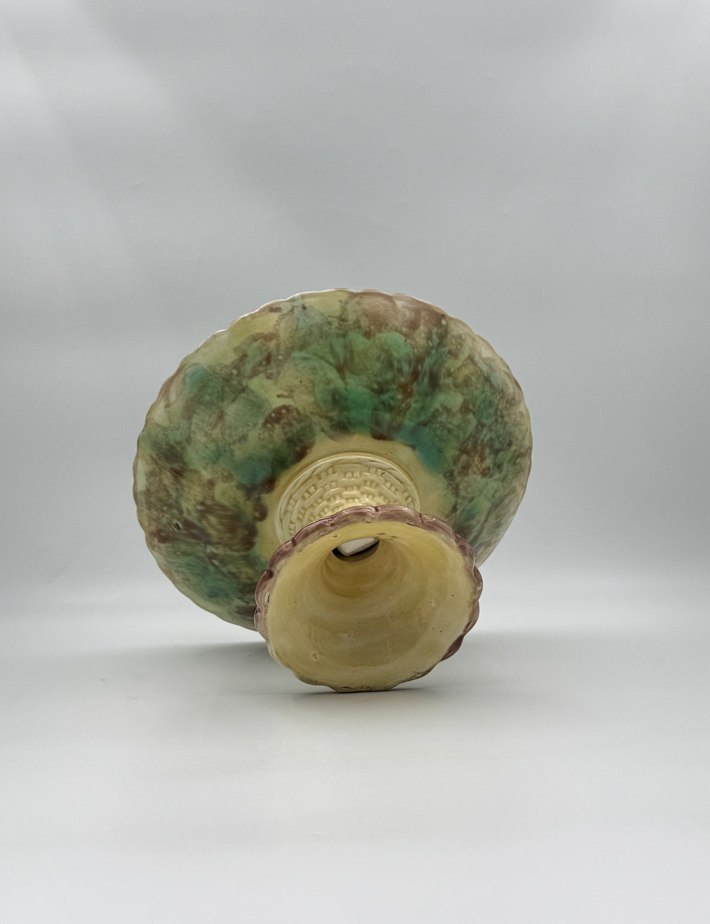 Majolica Pedestal Compote – Brown & Cream Base with Green Leaf Center