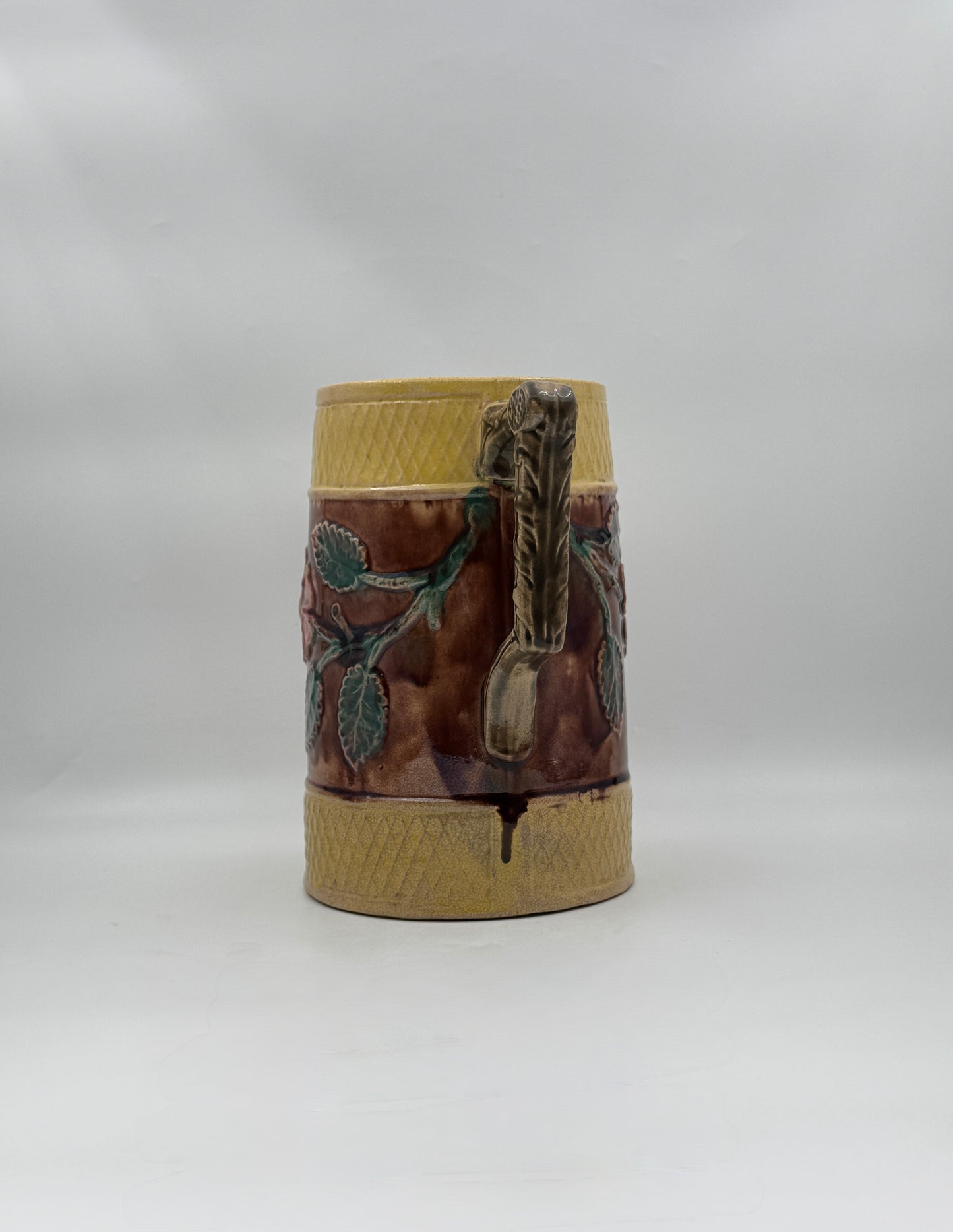Majolica Pitcher – Brown & Gold with Floral Relief